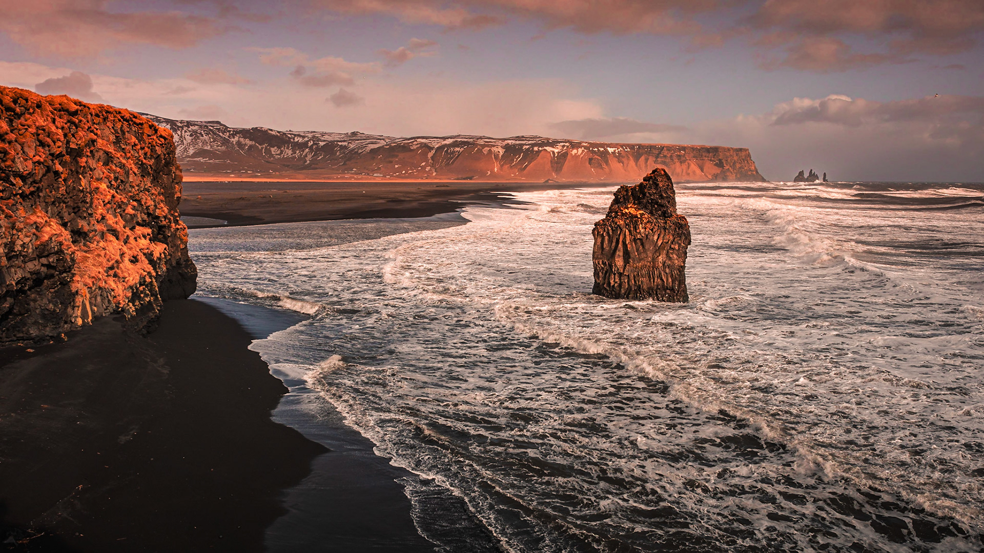 Reynisfjara black sand beach at sunset, Iceland