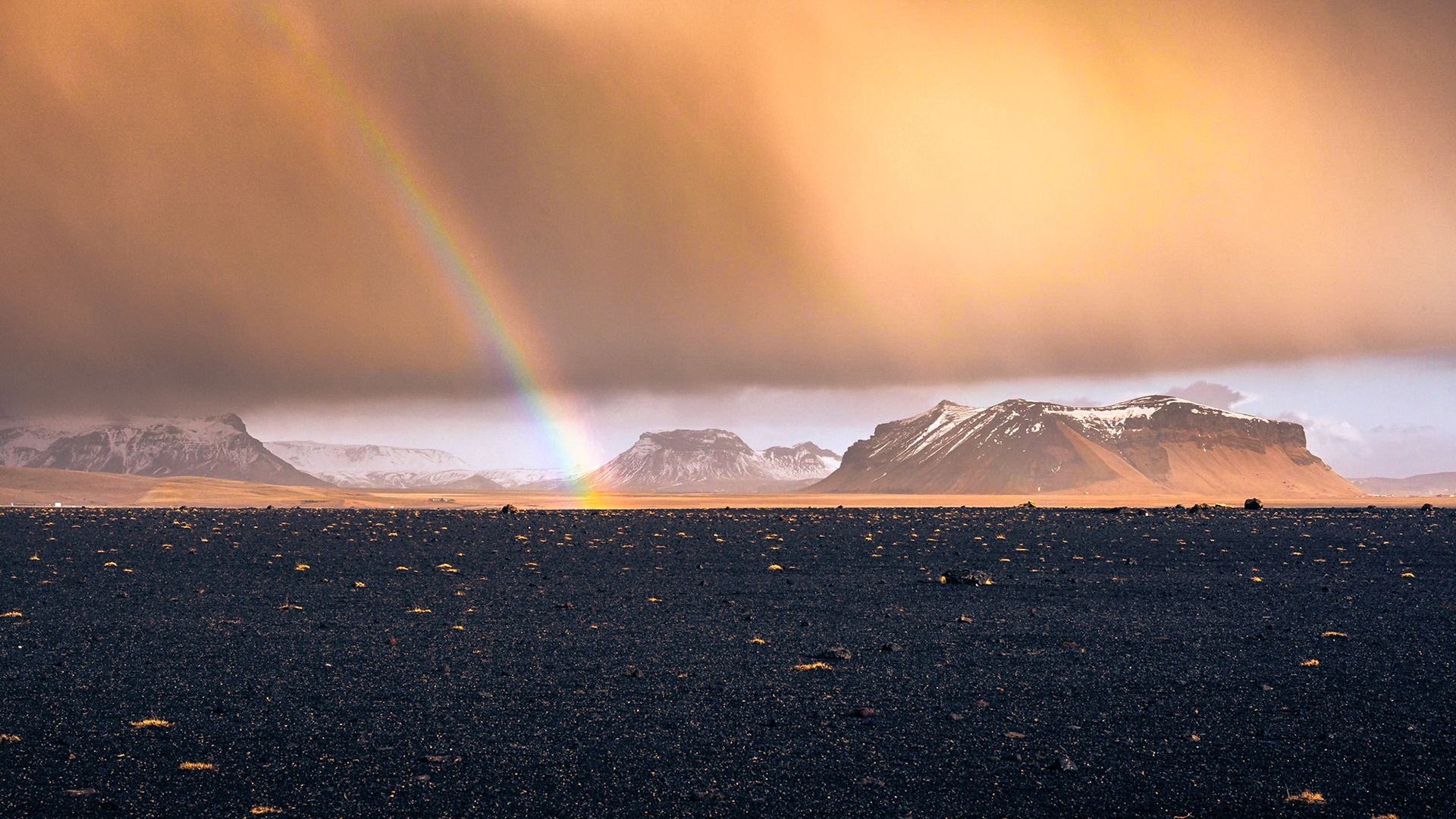 The glacial flood plain of Solheimasandur in winter with the Myrdalsjokull glacier in distance, Iceland