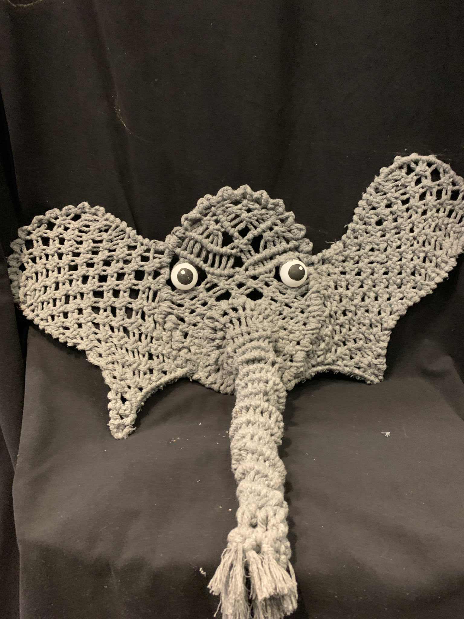 Macrome Elephant mask made from jute, millinery wire, and wire hangers
