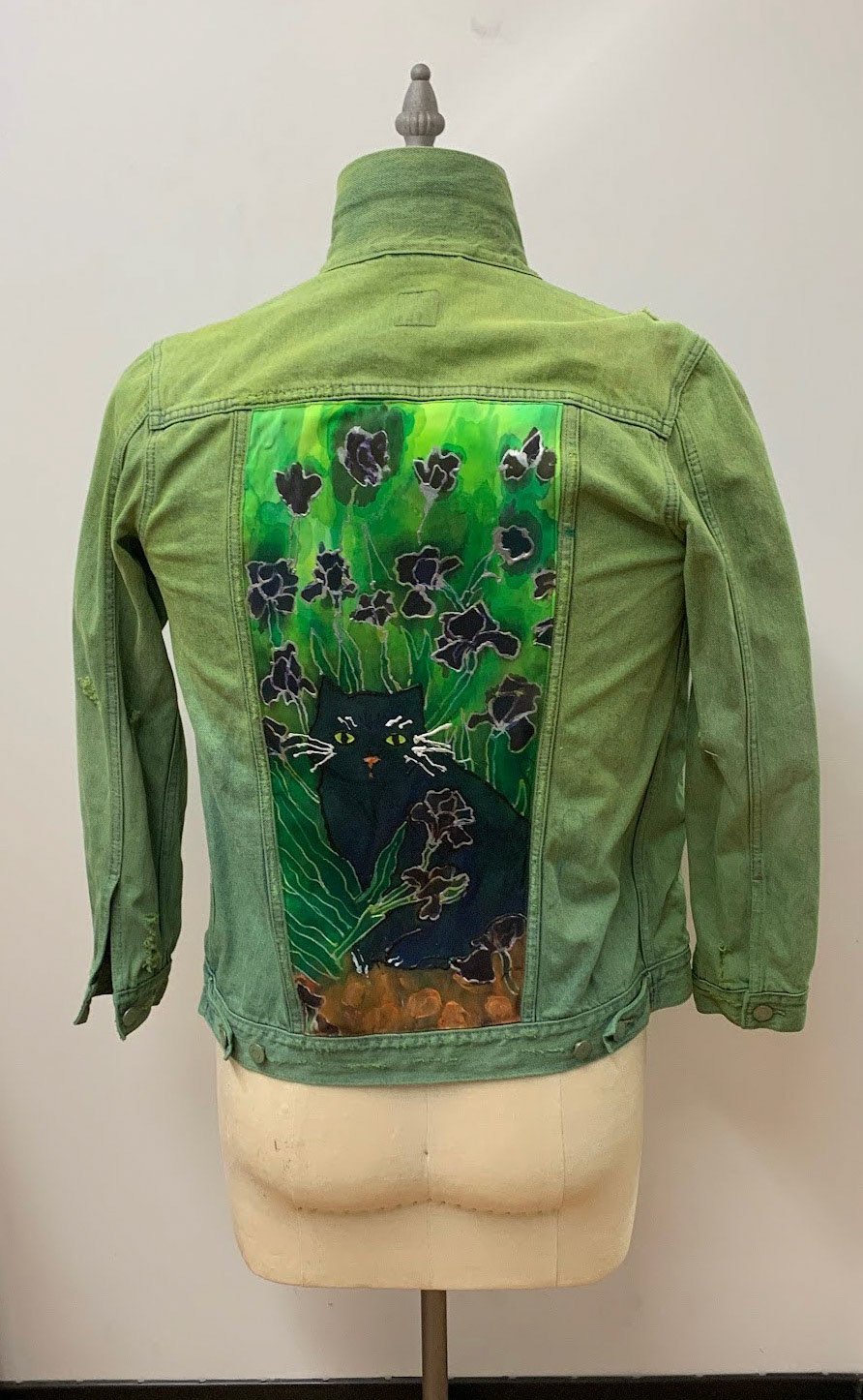 ombre green dyed jacket with applied silk painted pannel