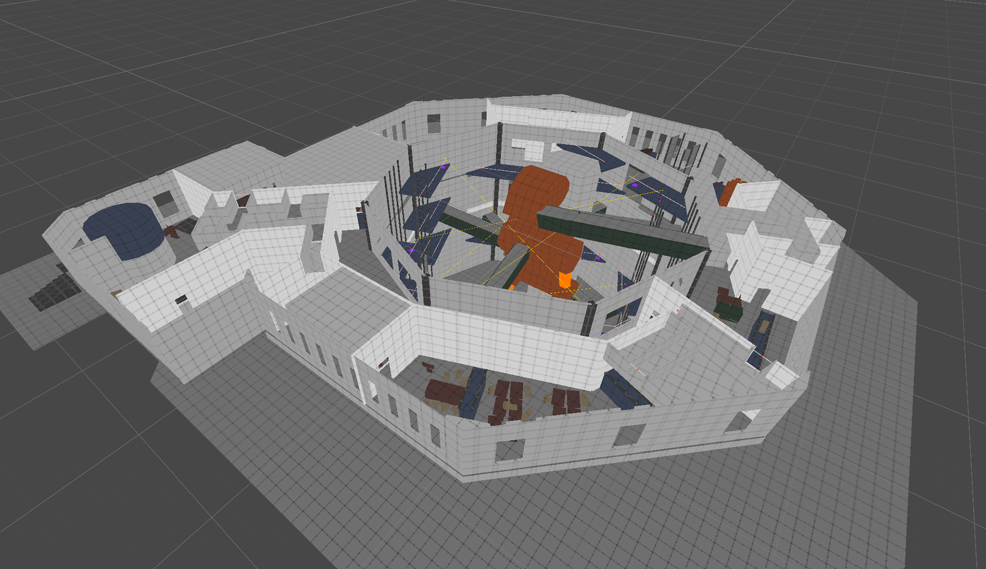 Blockout view of the top level, featuring the central silo with the Titan Mouser highlighted in orange. The level is designed to support both stealth and brawler playstyles, with multiple intersecting paths guiding the player downward.