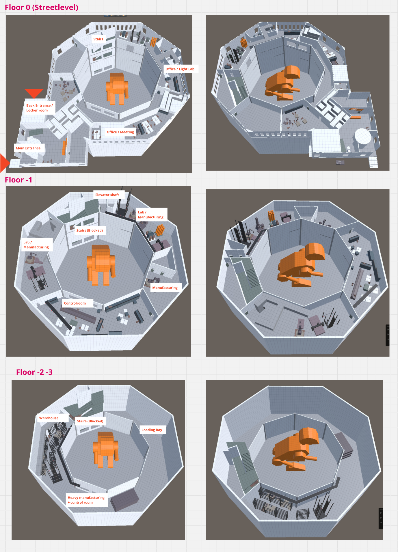 An early blockout exploring traversal paths and environmental themes to create variation between different areas of the level.