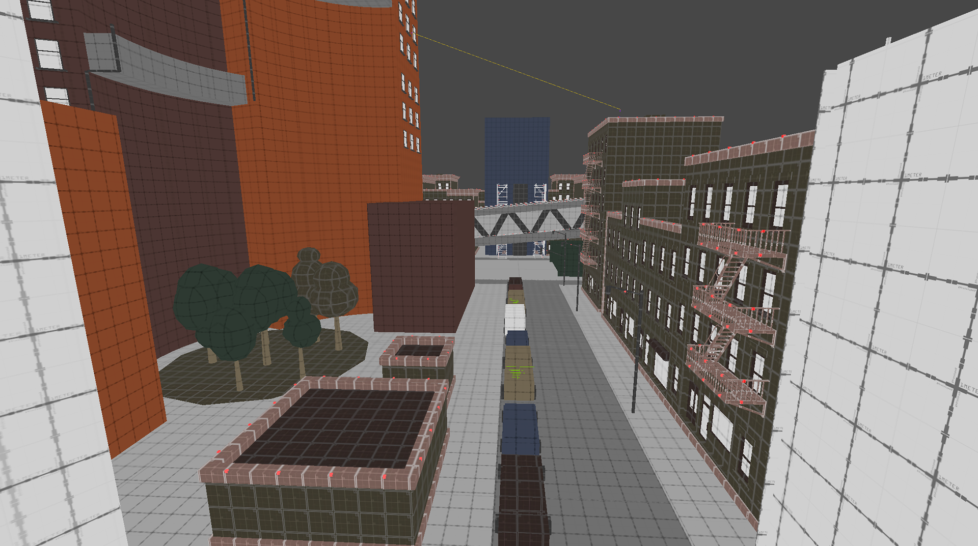 An early blockout where I had started to implement assets from a LDK in certain buildings 