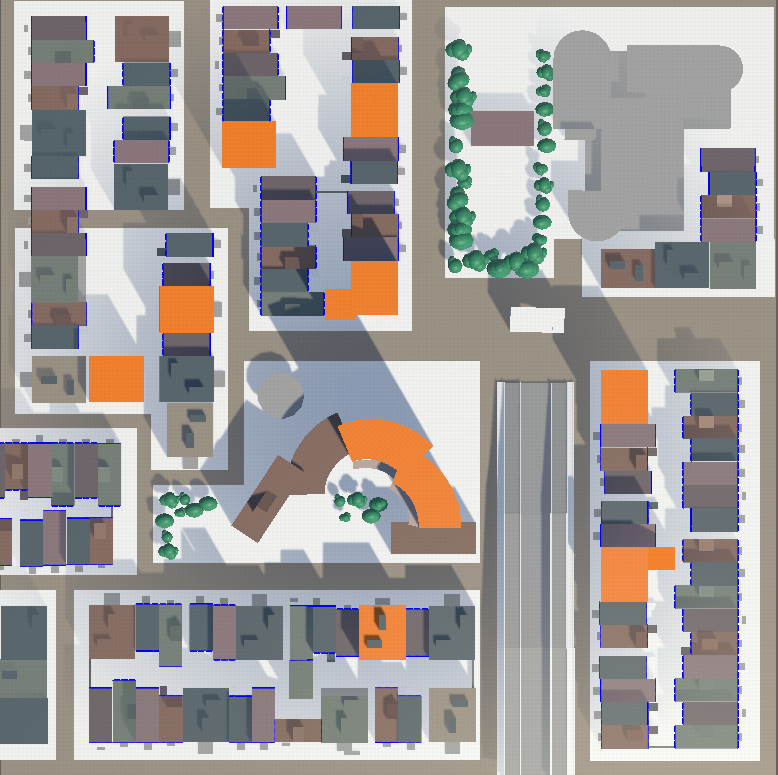 Top view from an early draft. The block layout had to be altered from a traditional New York grid type of layout to a more overlapping type because of restrictions of sight lines