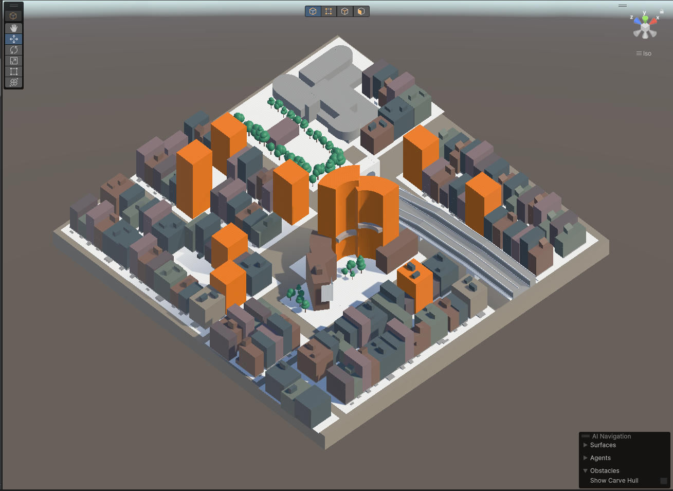 An early layout draft  with  a mix between higher occludin buildings (orange) and more climbable buildings in a more traditional tenament building style.