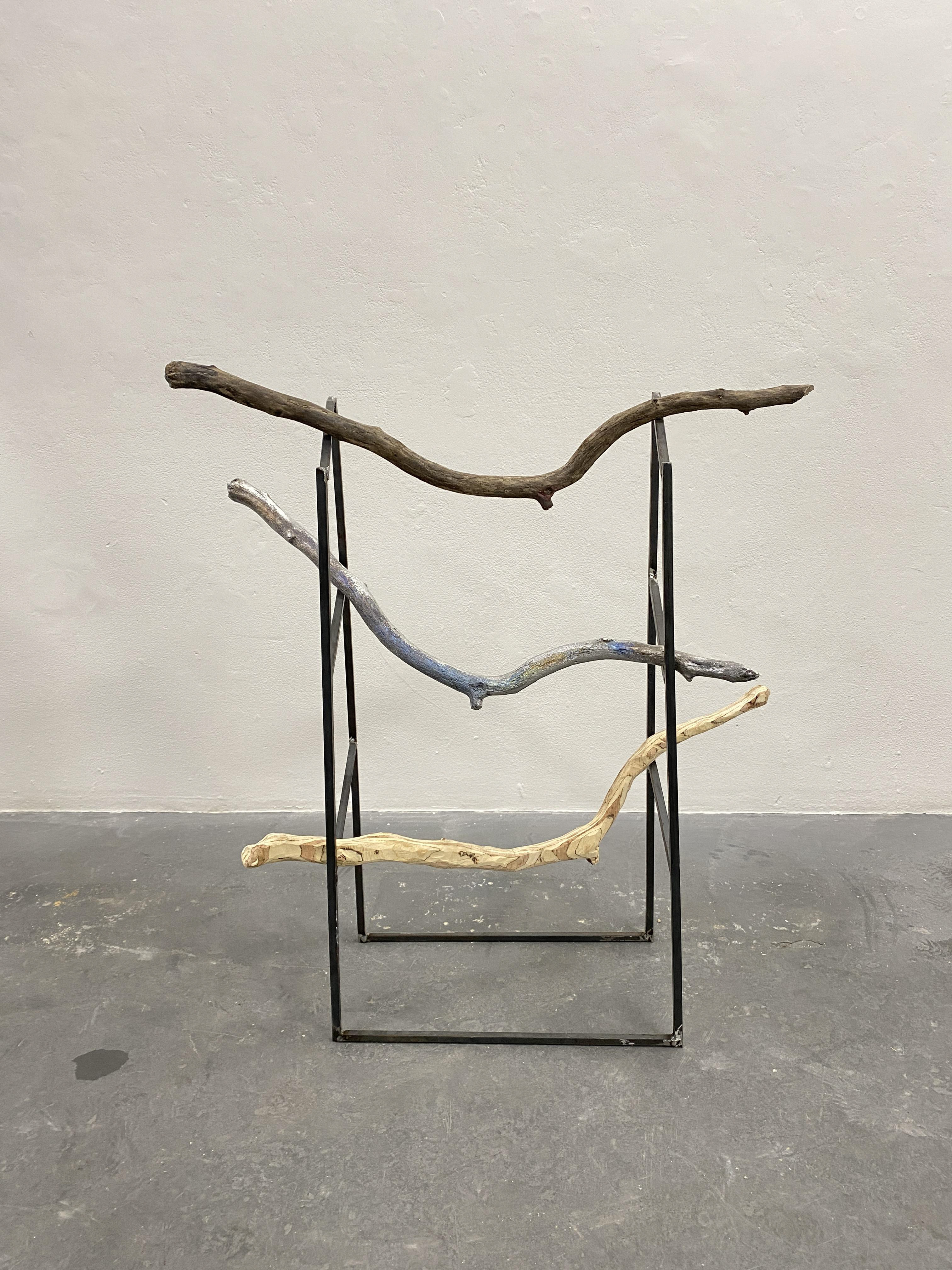 "Triplicate"; branch, plywood, aluminum, steel; 2024