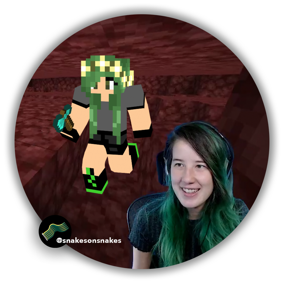 Snakes streaming in the Nether with her Minecraft skin in the background