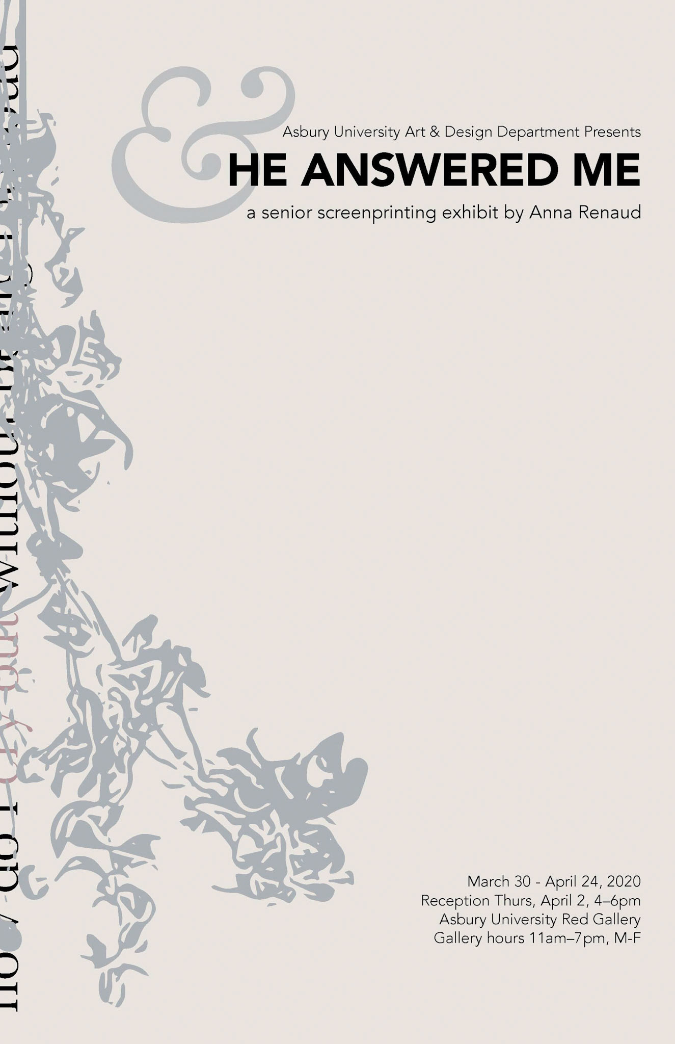 "He Answered Me" poster for exhibit by Anna Renaud