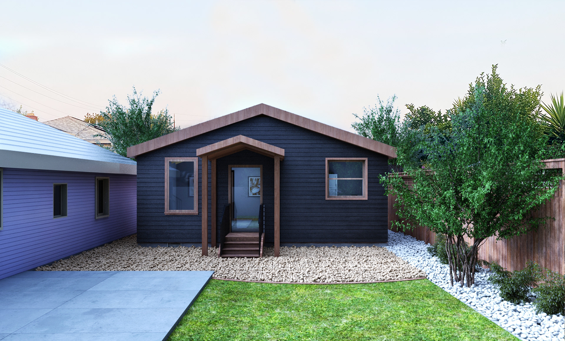 Exterior view of the Payran Accessory Dwelling Unit with a modern design and wood siding