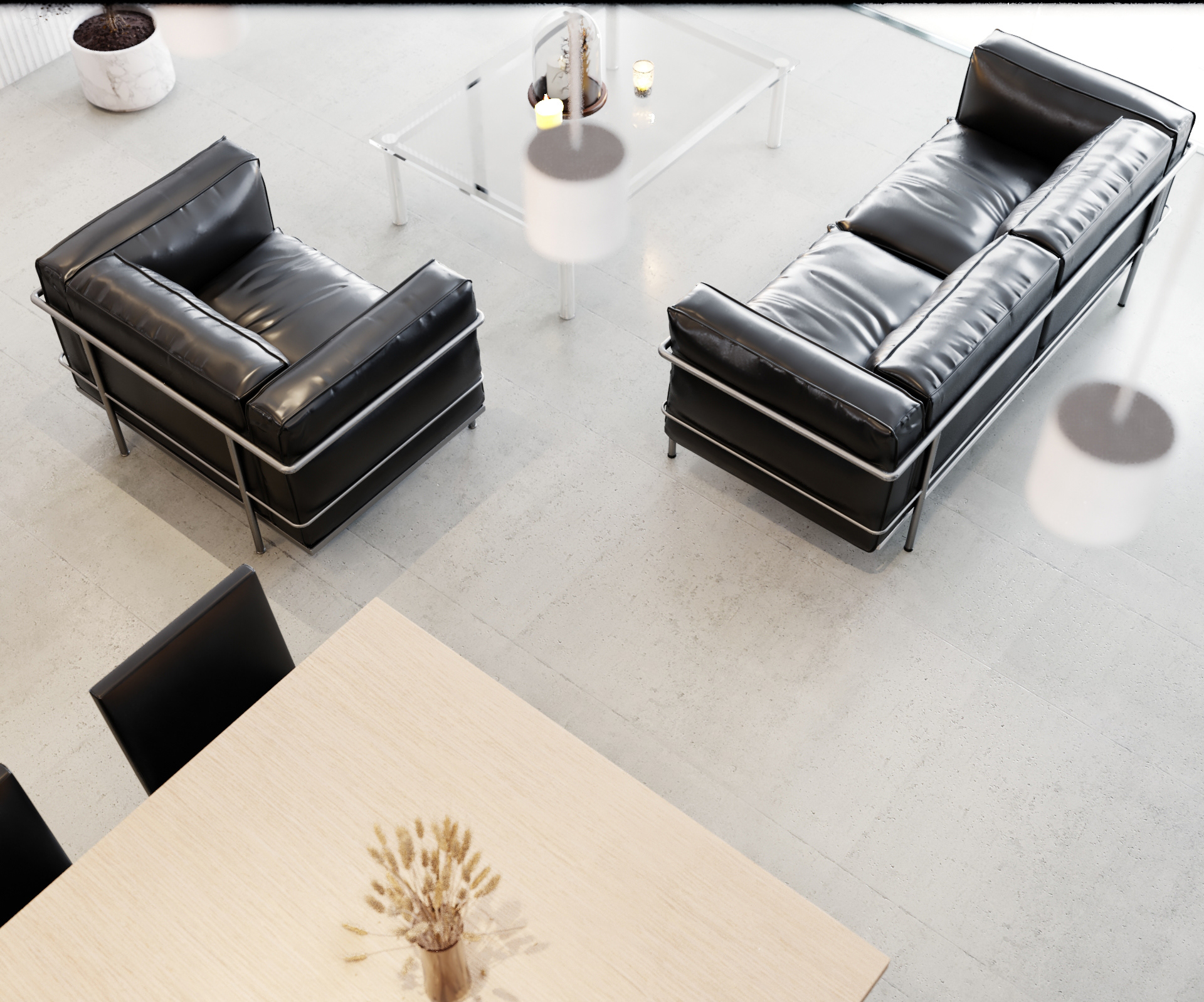 View of the Glass House living area with minimalist furniture and neutral colors