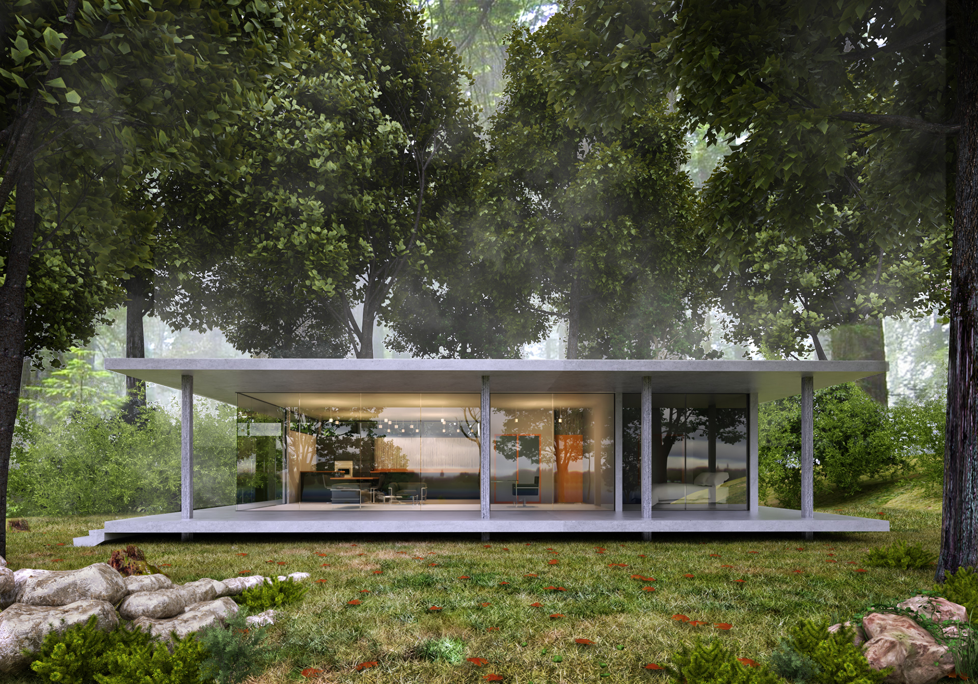 Exterior view of the Glass House with a modern, sleek design