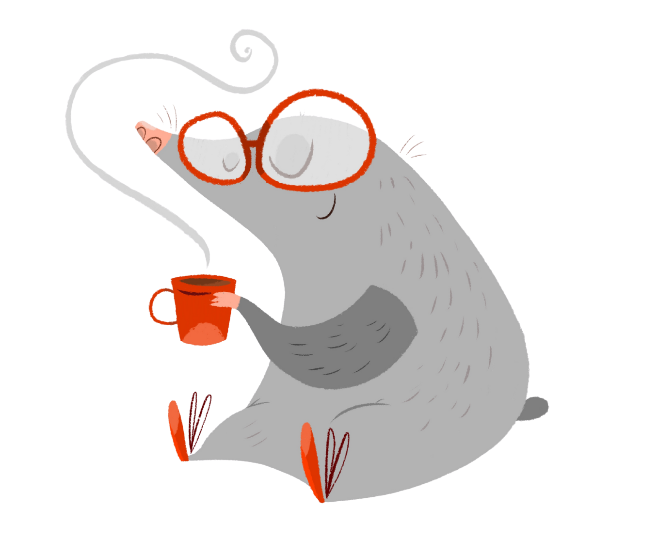 Illustration of a mole with red glasses sipping a hot drink, such as tea or coffee, perfect for children's book designs or playful art.