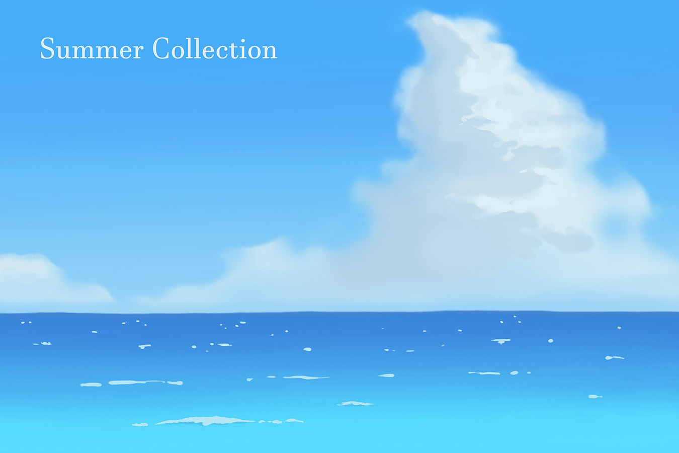 背景用途を想定した夏の空と海のイラスト。文字やデザイン要素と合わせやすいよう雲・波・境界の情報量を整理し、主張しすぎない表現を意識しています。