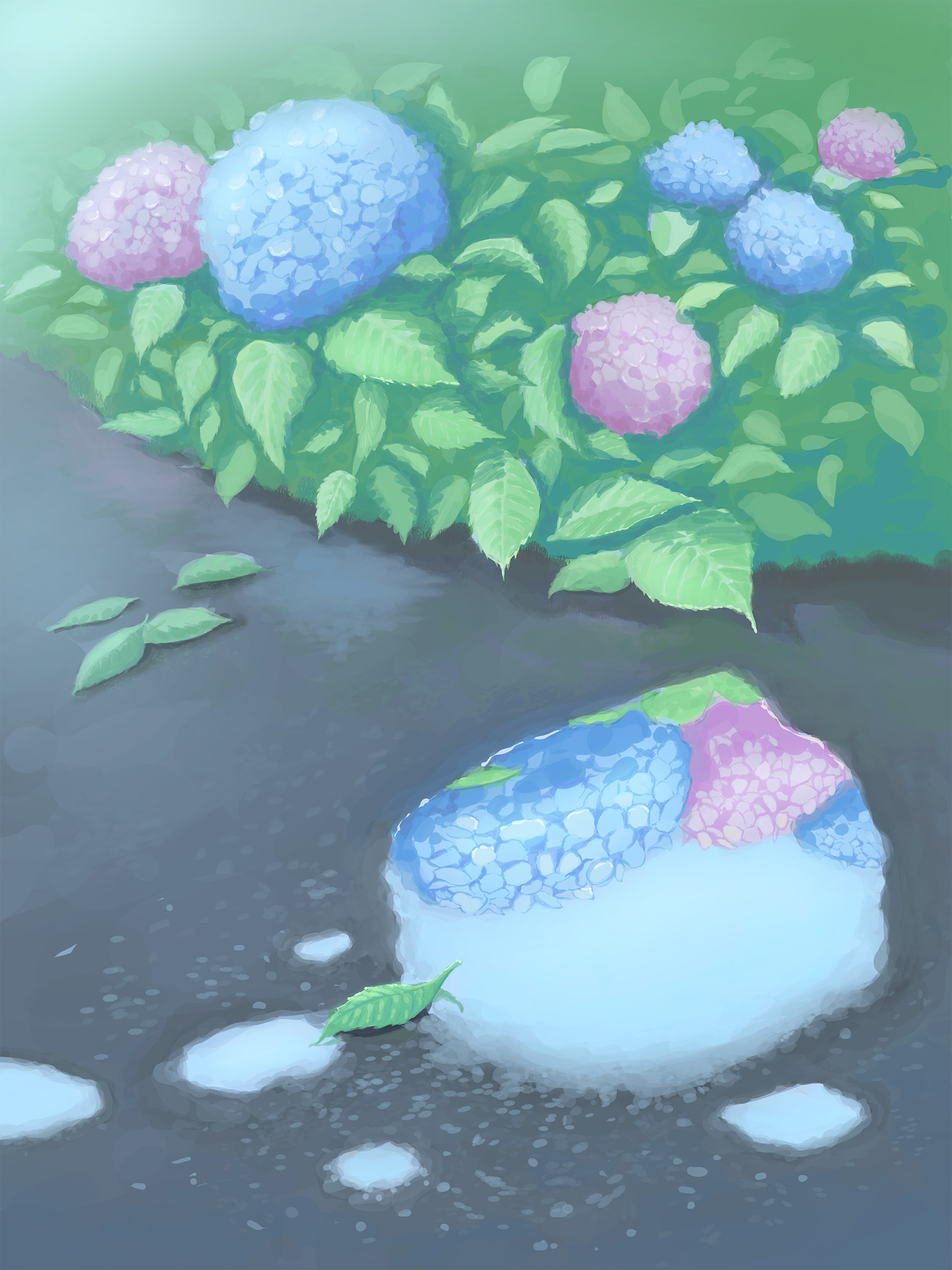 梅雨の鬱蒼とした気分を少しでも爽やかに感じられるよう、涼しげな色合いでまとめました。 水たまりに映る空とあじさいが印象的になるようにしています。