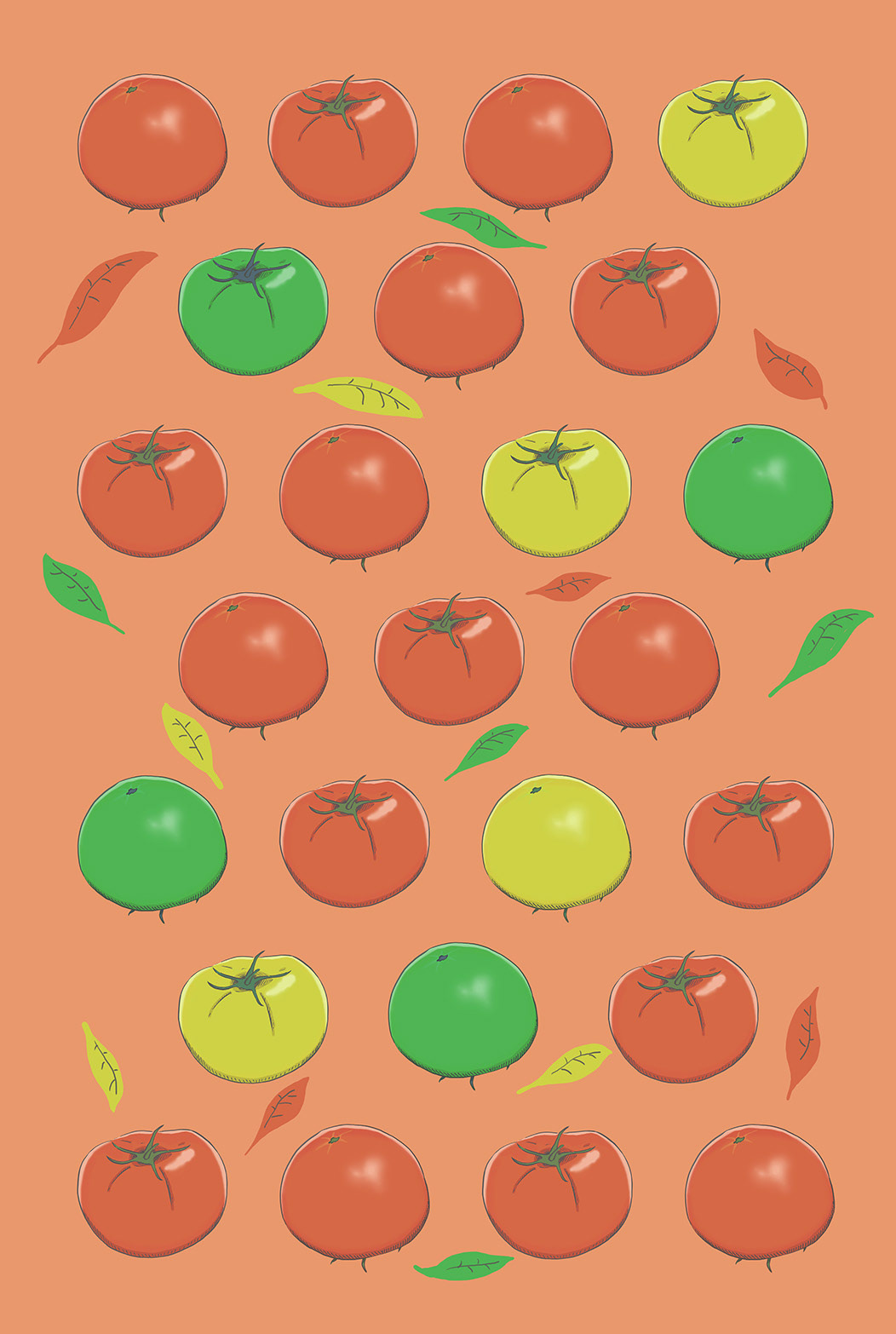 トマトをモチーフに、複数配置によるパターン背景素材としても使いやすい構成です。 食・教育・季節素材など幅広い用途を想定しています。