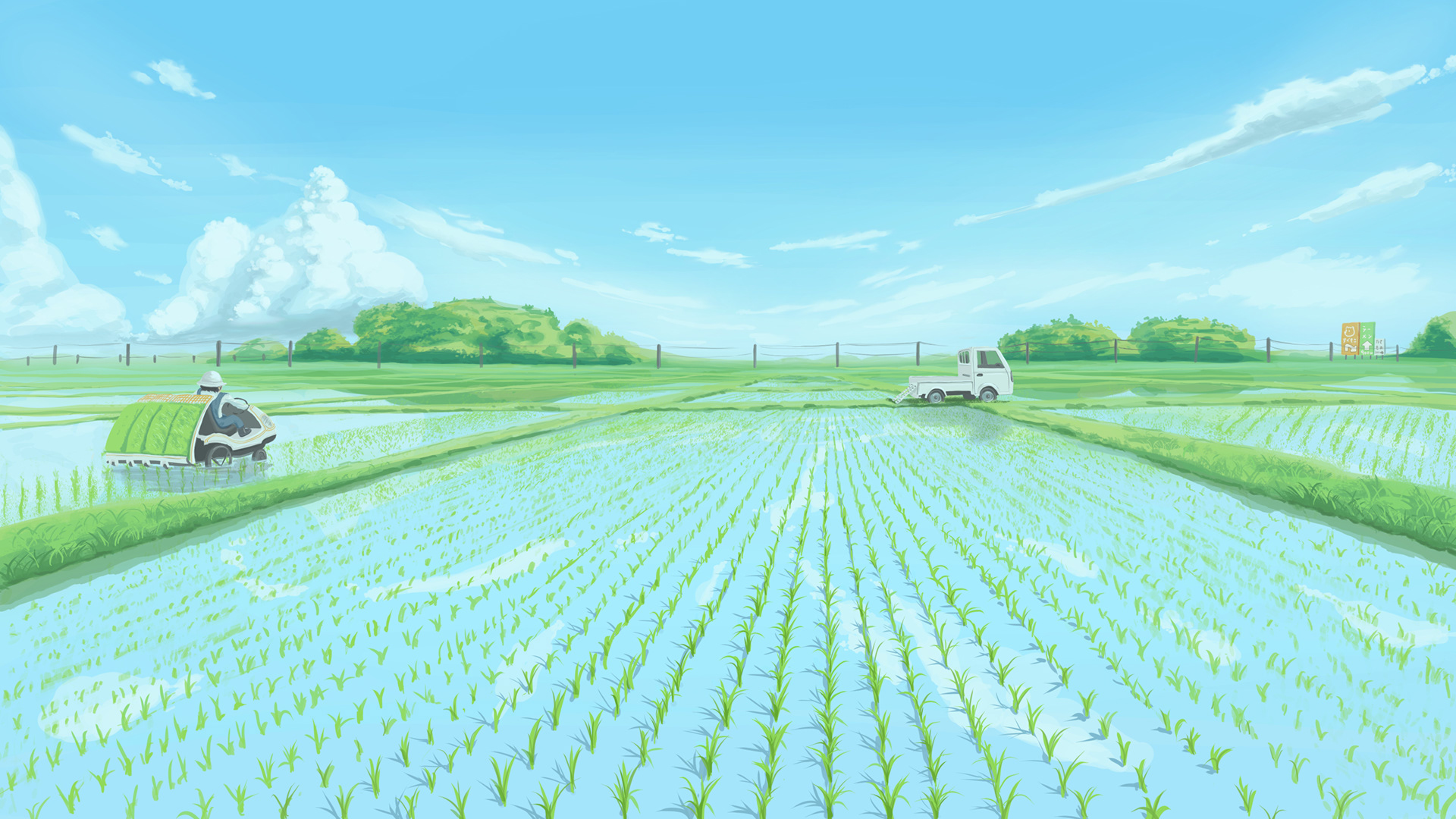 春の田植え風景をモチーフにした背景イラスト。穏やかでやさしい空気感と、視線誘導を意識した構図で制作。