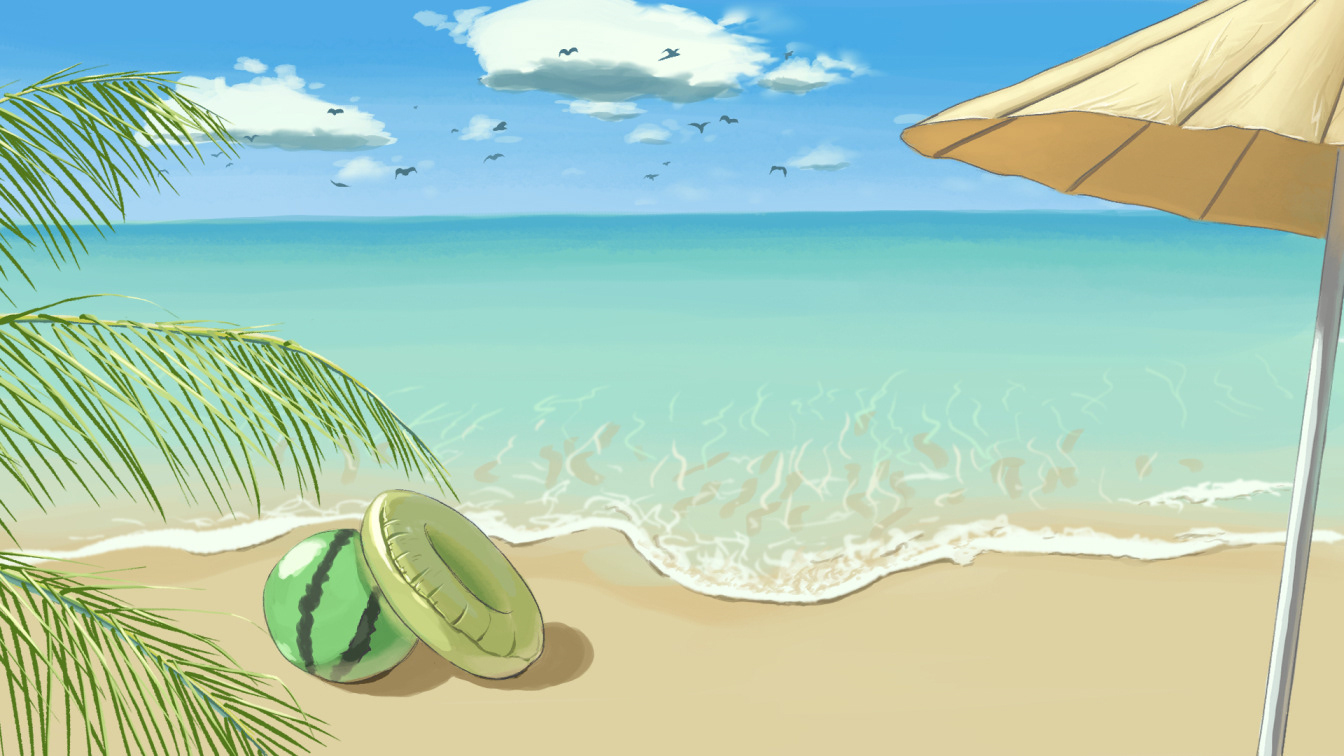 スイカや浮き輪、パラソルなどの季節小物を配置し、バナーやサムネイル、キャンペーンビジュアルなどで使いやすいよう、文字入れを想定した余白を確保しています。