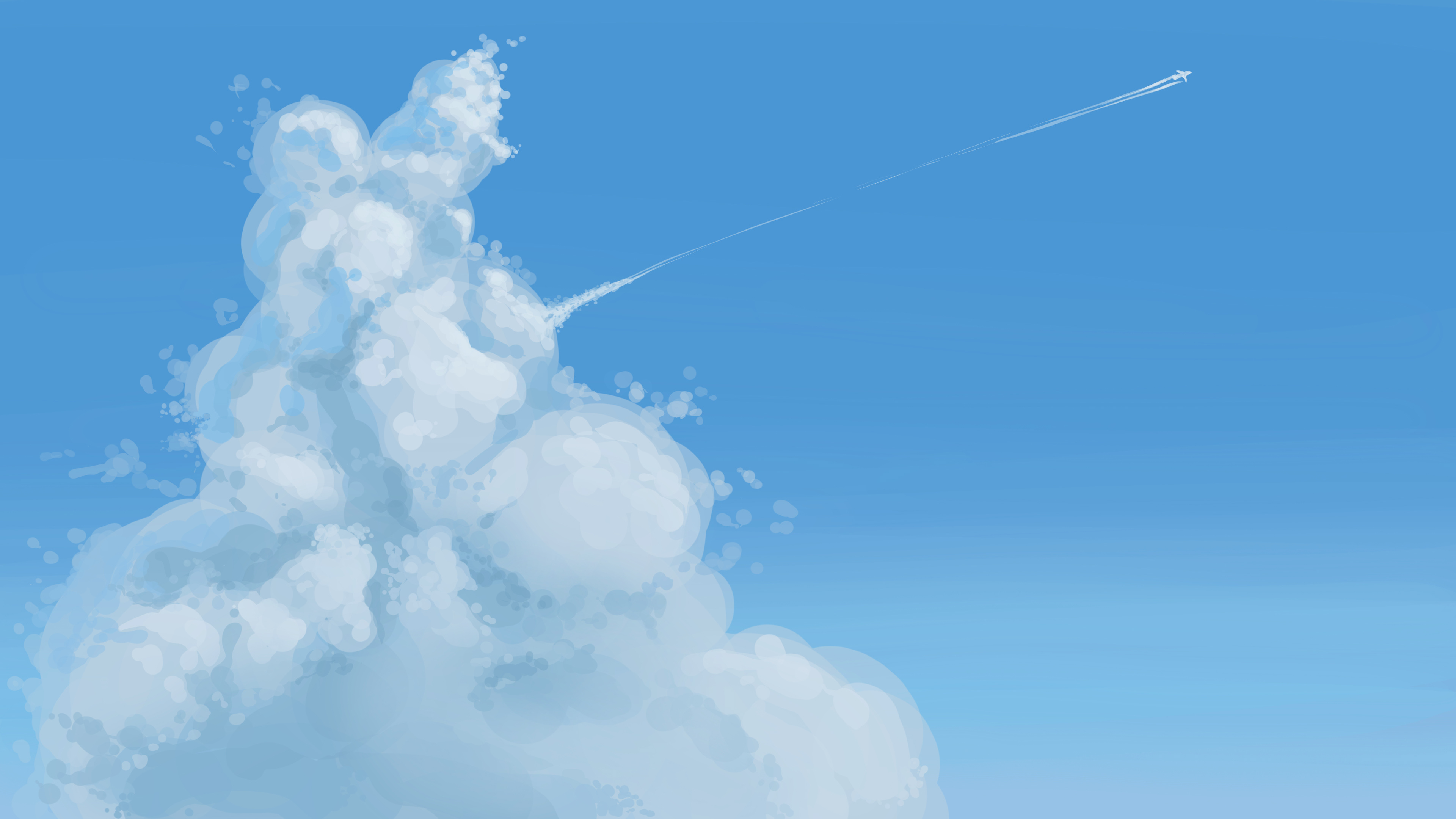 柔らかな光の中に浮かぶ積雲を描いた空背景。 明暗のコントラストとエッジの強弱で、奥行きと空気感を表現しています。 映像・ゲーム・書籍などの背景用途を想定しています。