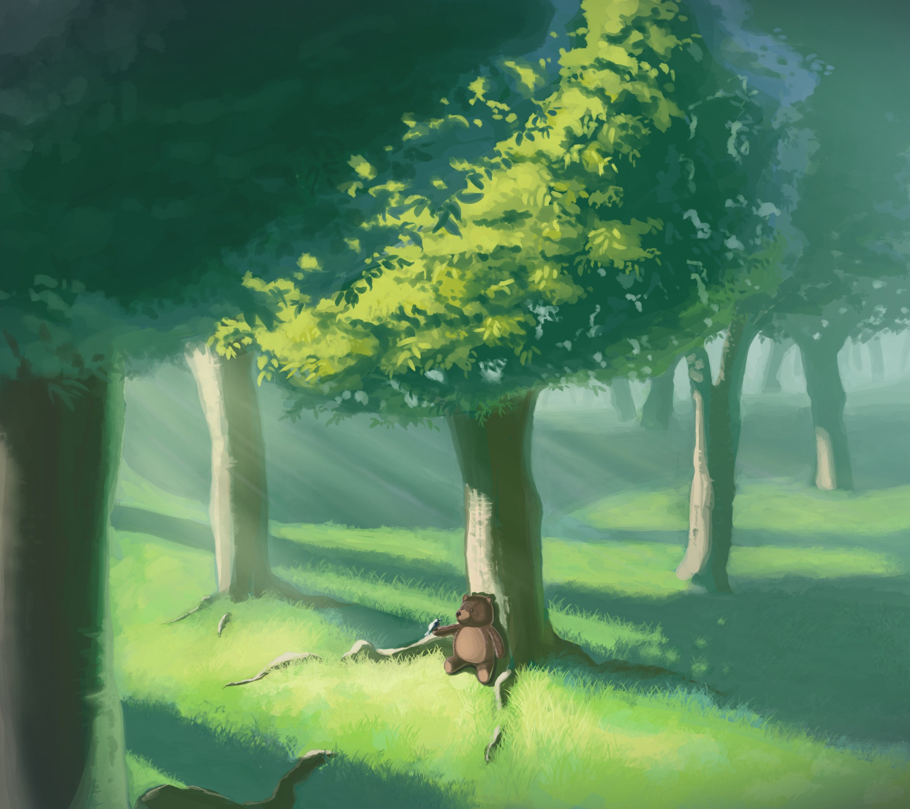 朝の森をテーマにした背景イラスト。木漏れ日と空気感の表現を意識しています。