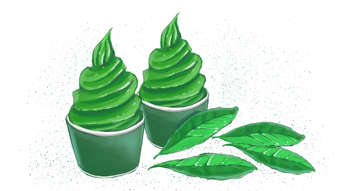 抹茶ソフトクリームと茶葉のカットイラスト。和風・スイーツ系の広告やメニュー、季節素材として使用可能です。