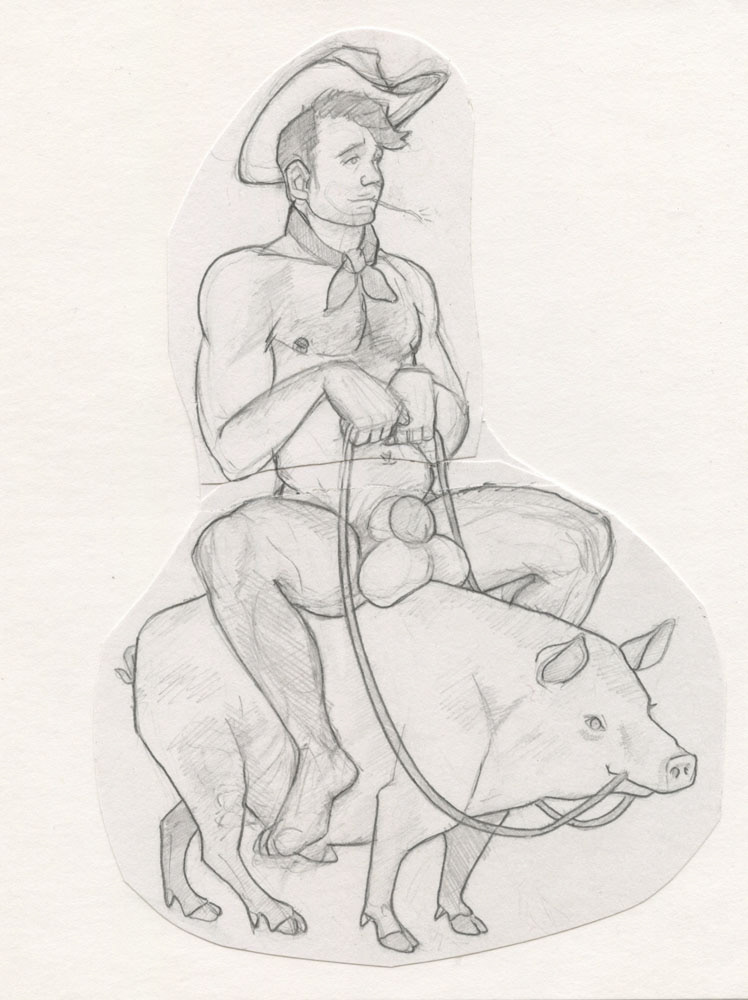 "Pig Riding Cowboy", 1993, 6"x8", $40