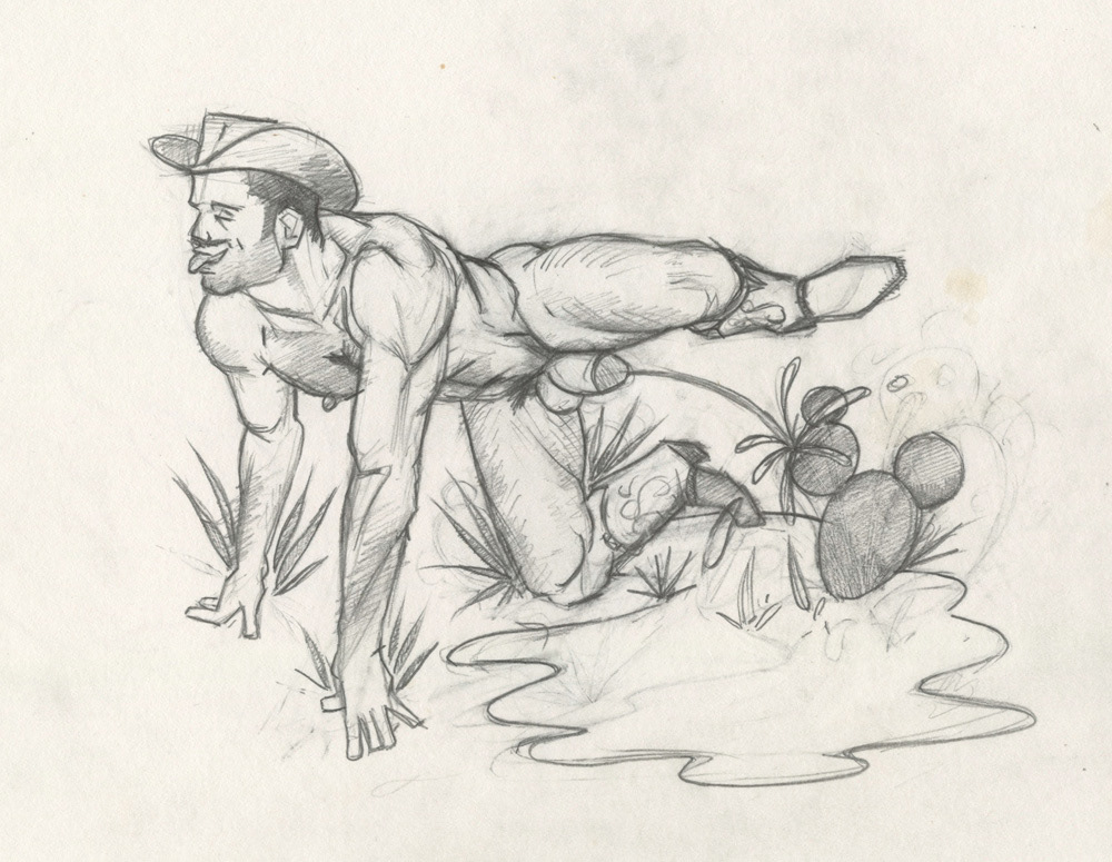 "Cowboy Pissing 1", sketch, 1997, 9"x7", $20