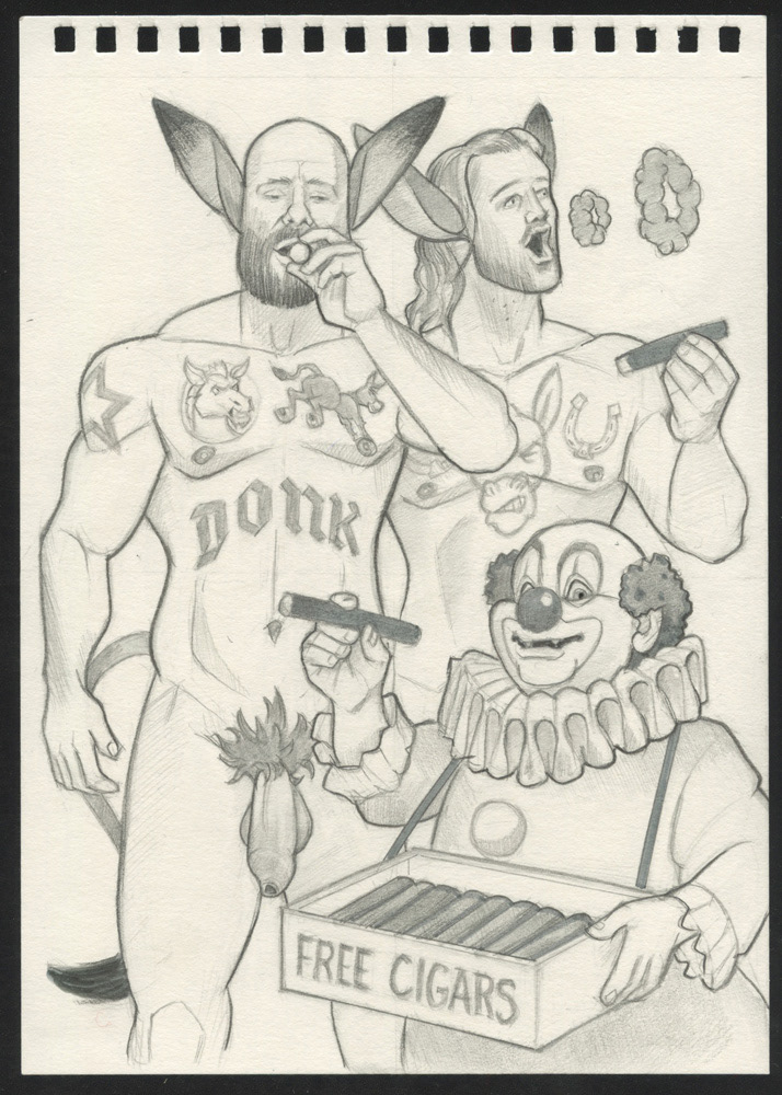 Page #2, It's curious that the preferred brand of stogie among Pleasure Island donks is Blammo Reliable Exploding Cigars. I mean, the name says it all, right? 2026, 6"x8", $250