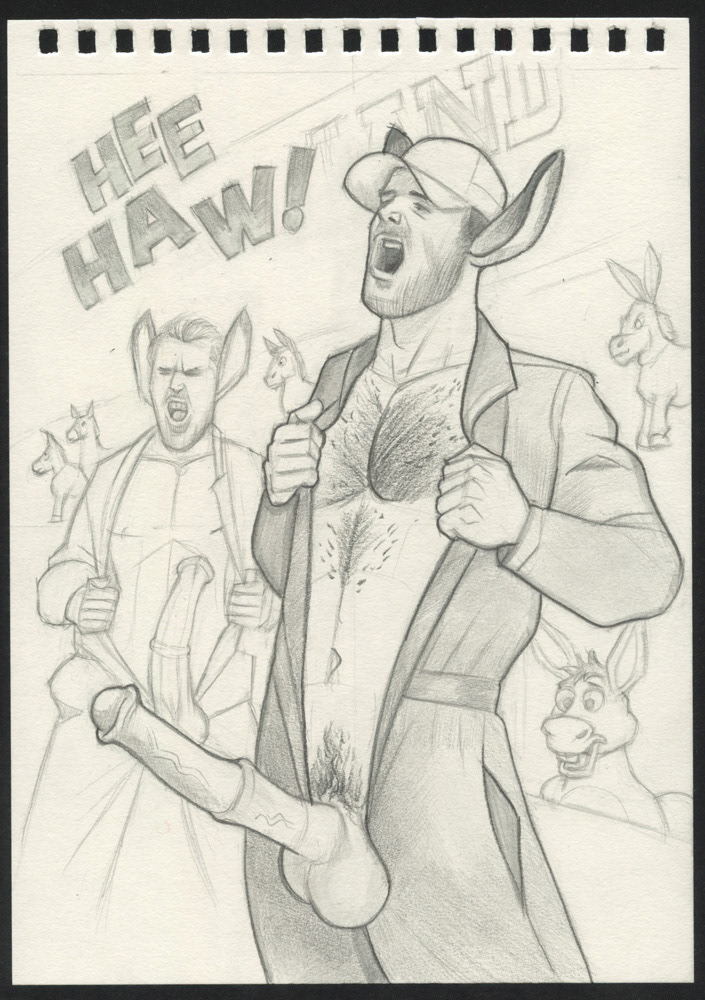 Page #3, It seems cruel to make the Pleasure Island carnies stuff their ginormous donkey cocks inside baggy overalls.  2026, 6"x8", $250