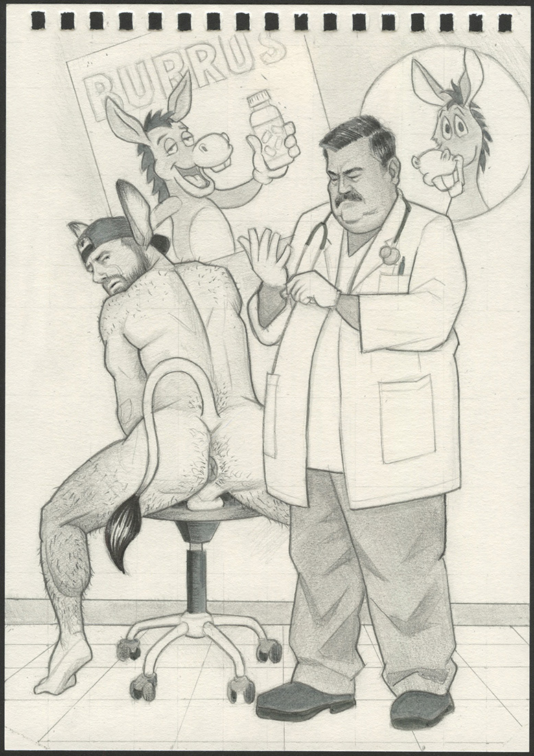 Clinica #6, The initial consultation at a back alley de-donkification clinic always starts with a thorough prostate examination. 2026, 6"x8", $250