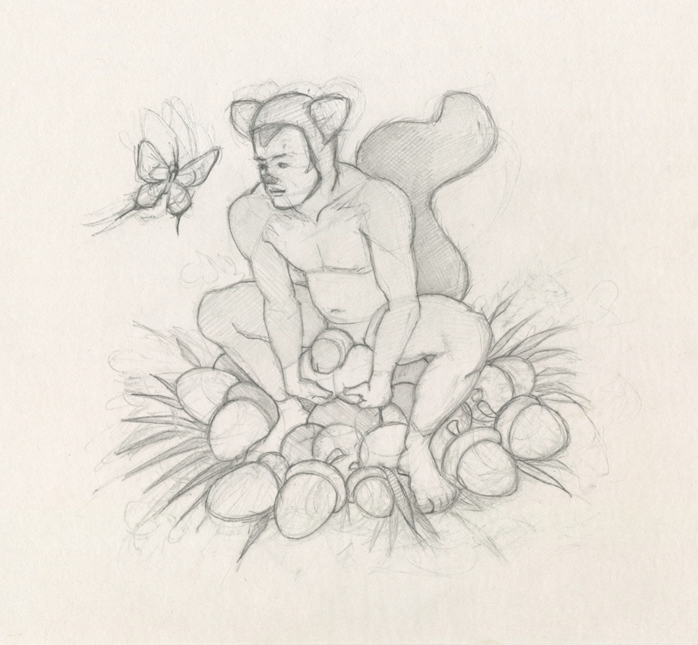 "Squirrel Boy Holding Acorns", 1994, 7.5"x7", $20