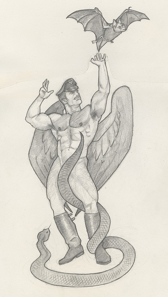 "Leatherman with Familars", 1993, 7"x12", $150