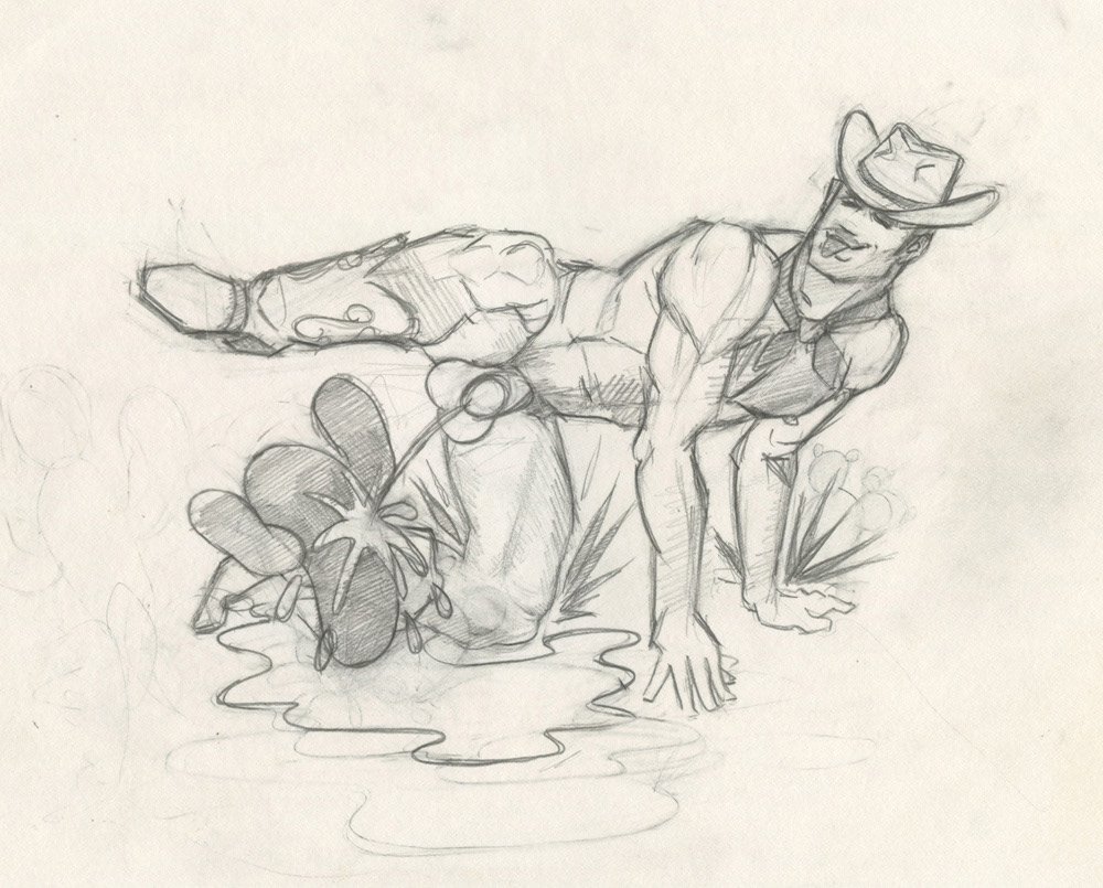 "Cowboy Pissing 2", sketch, 1997, 10"x7", $20