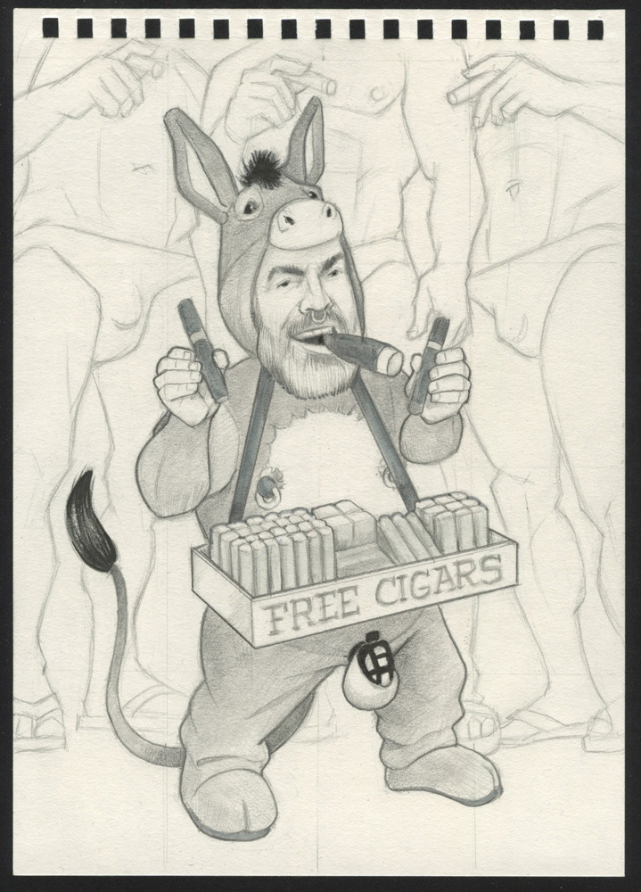 Page #8, Kristofer, the lovechild of Mr. Roarke and Tattoo, welcomes guests to Pleasure Island with a complimentary cigar. 2026, 6"x8", $250