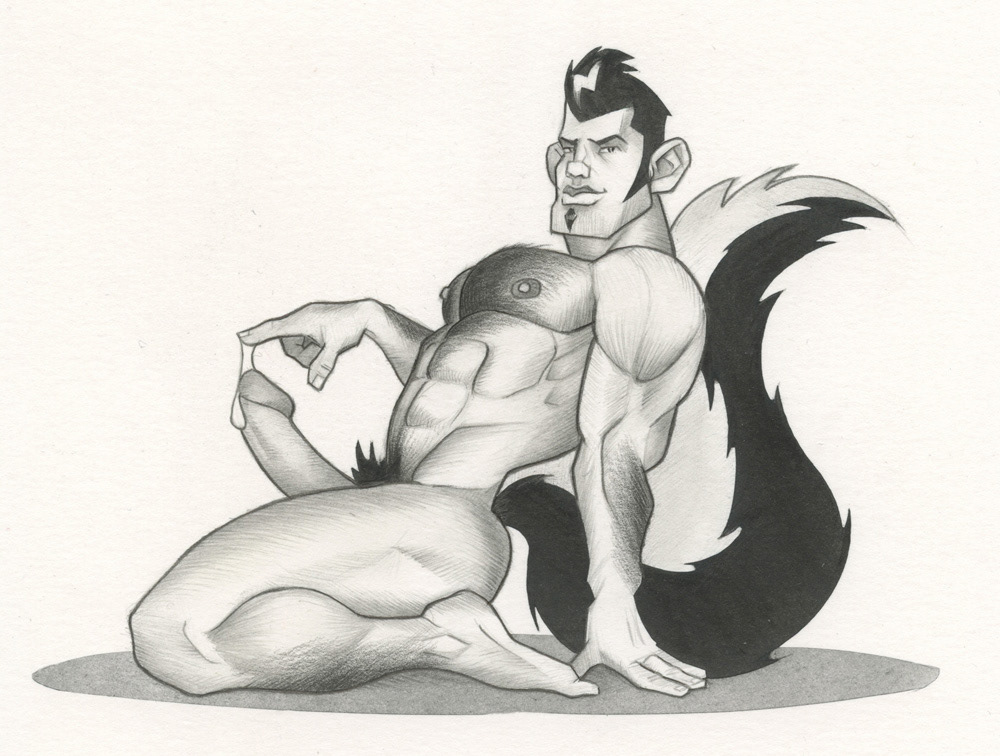 "Skunk Kneelin'", 2005, ink and graphite, 8"x8", $150