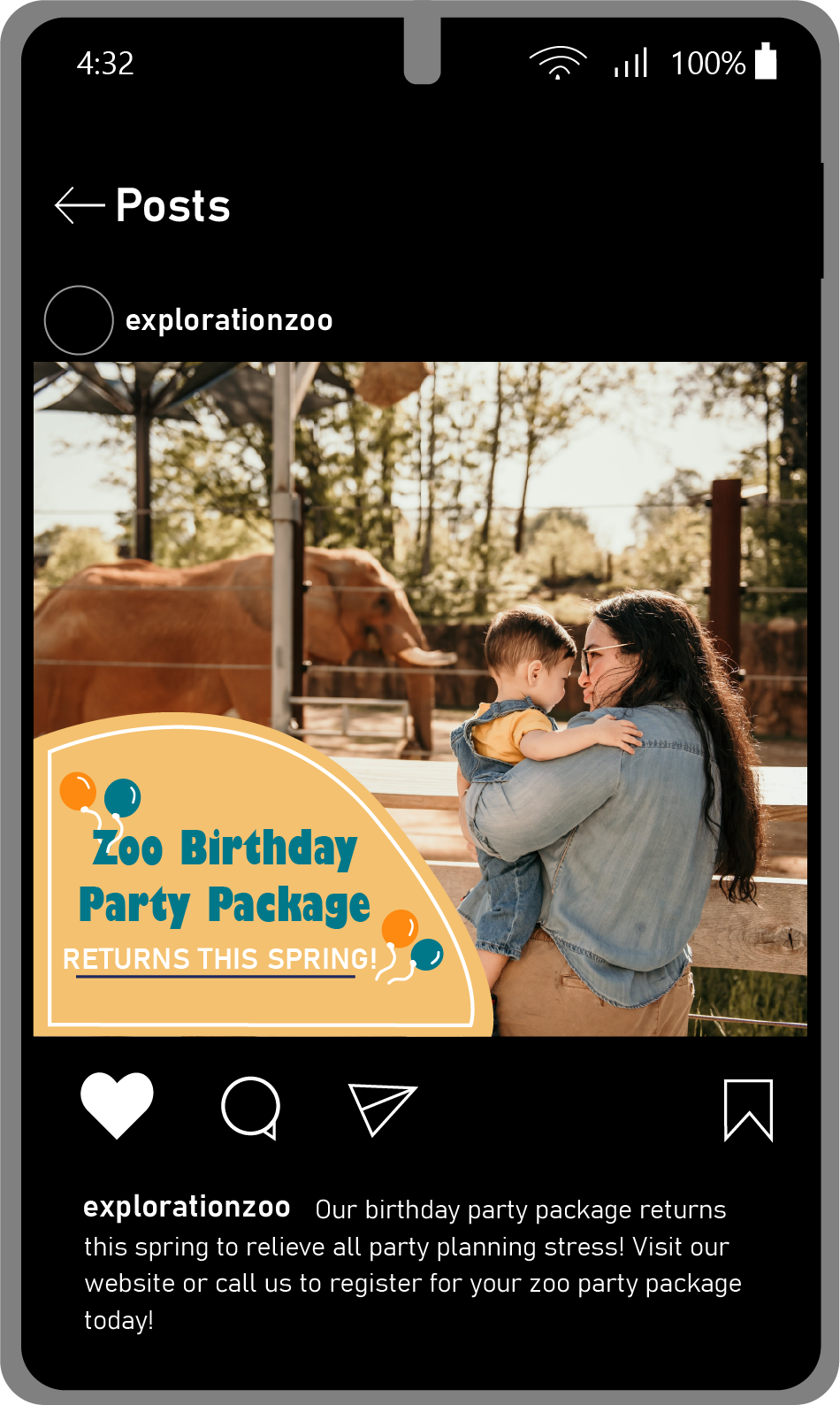 Phone illustration of Instagram post with picture of woman holding her son at in front of an elephant.