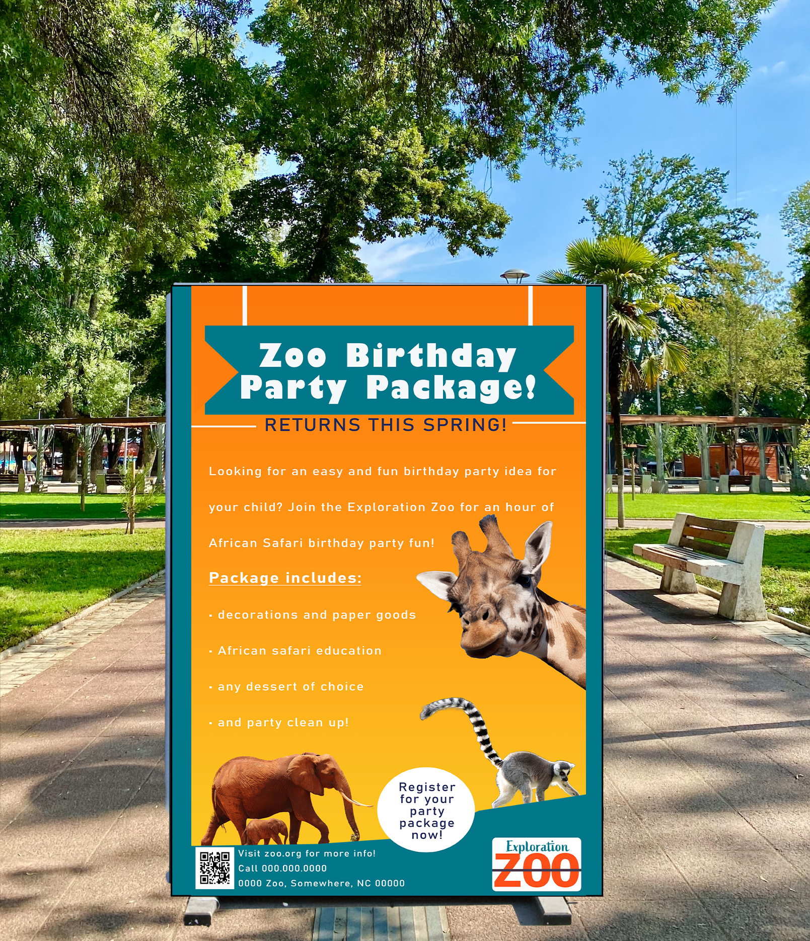 Orange and blue zoo poster set up on sidewalk surrounded by trees.