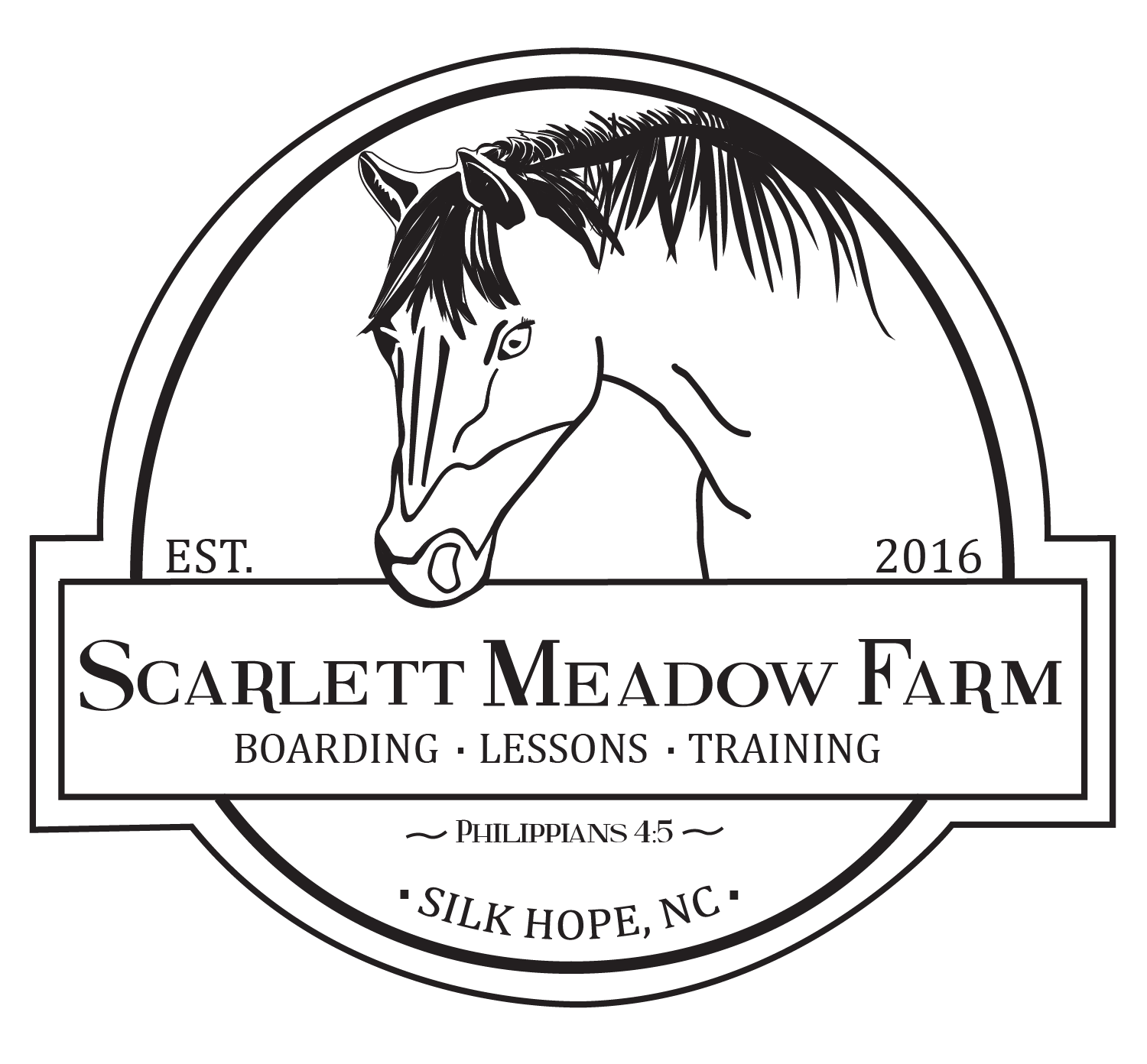 Logo of a horse outline in black and farm descriptions