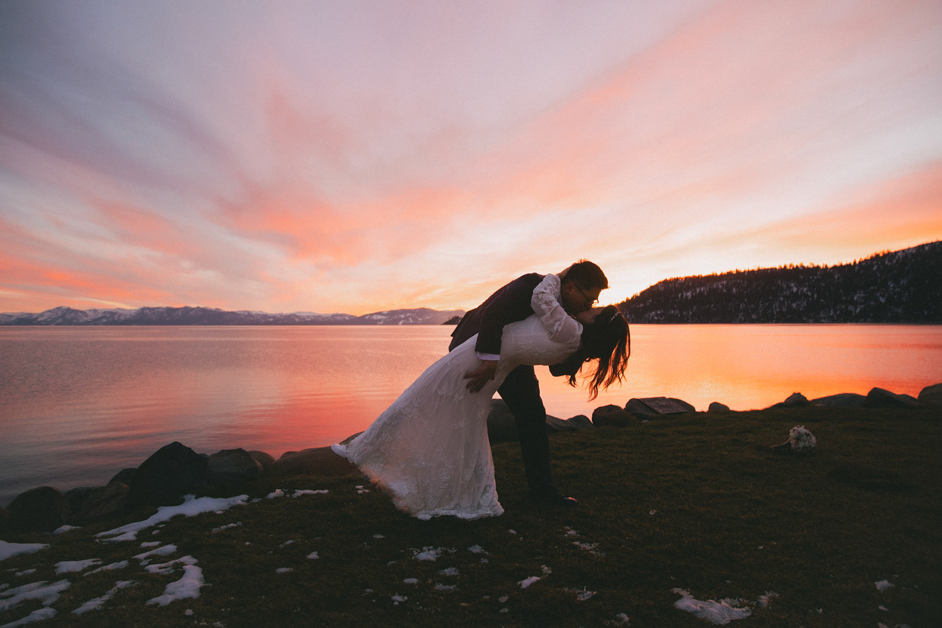 snowy lake tahoe elopement