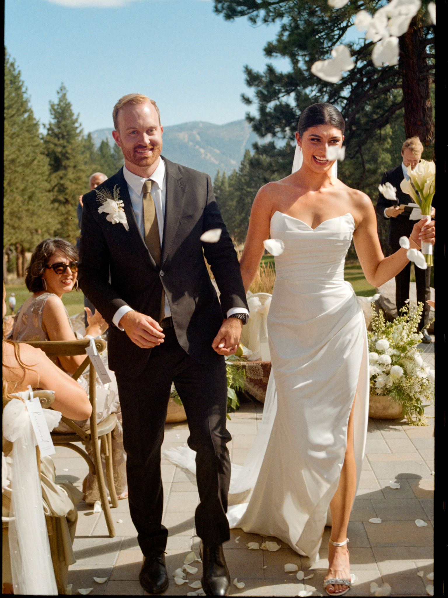 An open-air wedding ceremony beneath the pines at The Timbers at Old Greenwood.