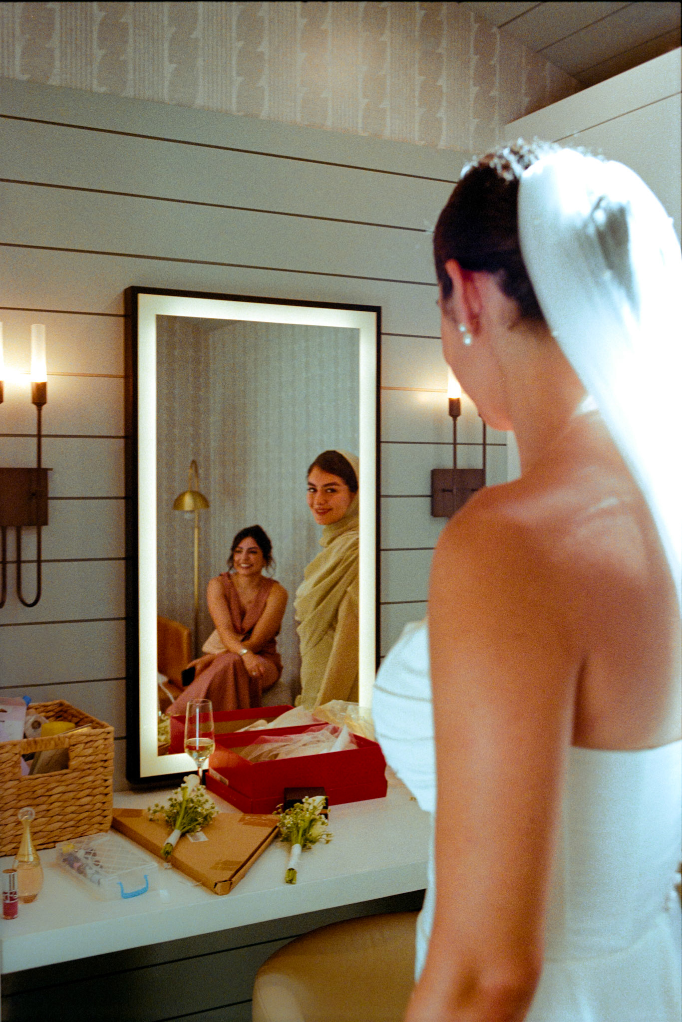 A Julie Vino wedding gown and morning preparations photographed on film in Truckee.