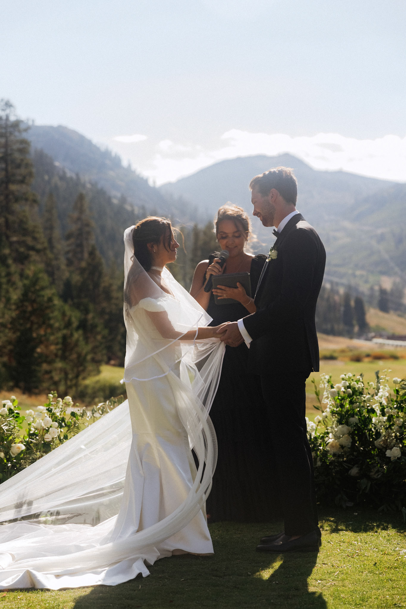 An outdoor mountain wedding ceremony at Everline Resort in Olympic Valley.