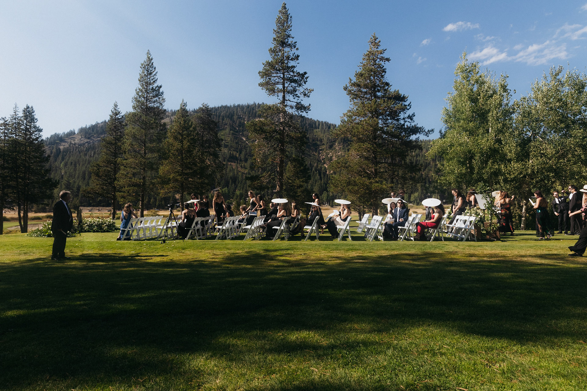 An outdoor mountain wedding ceremony at Everline Resort in Olympic Valley.