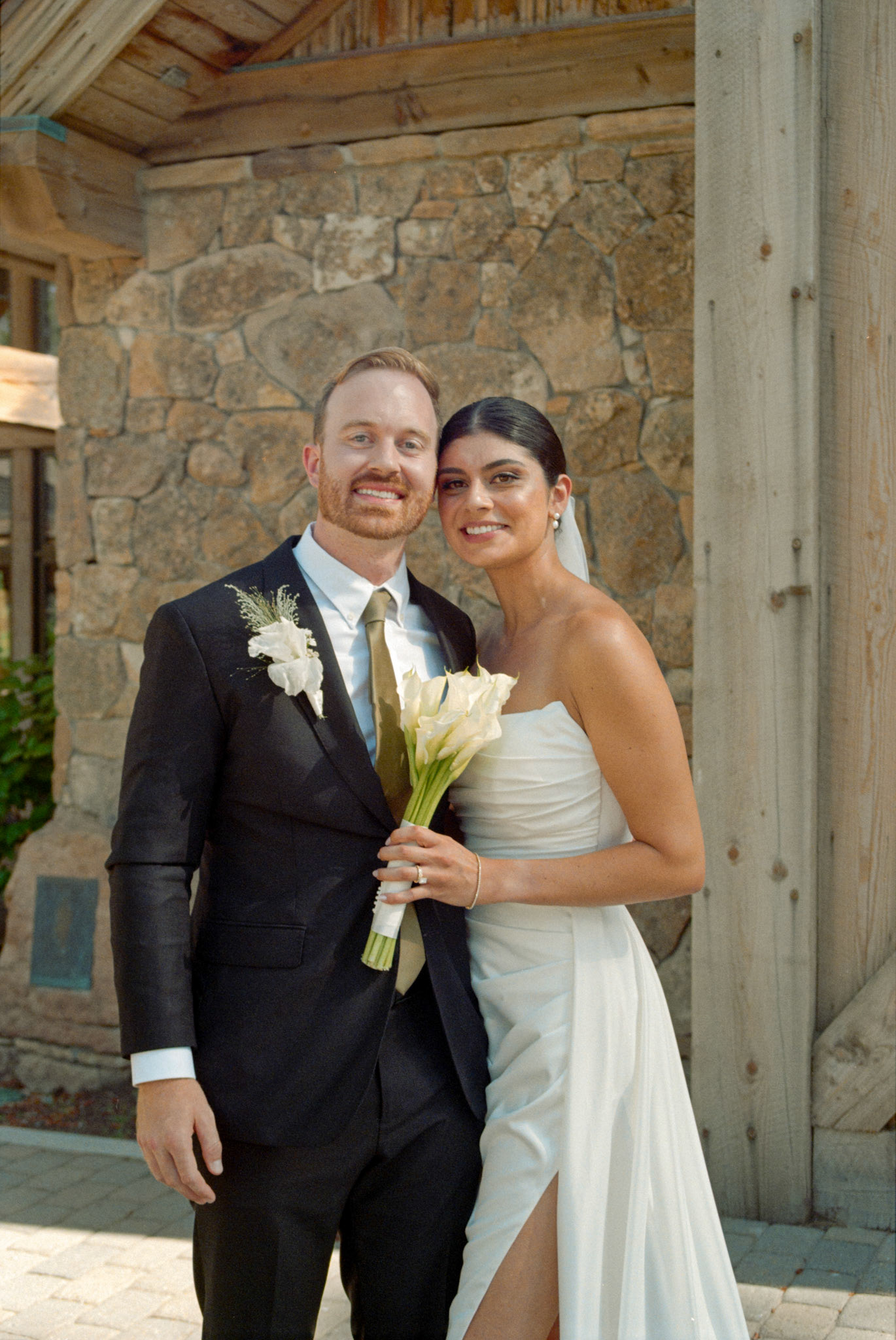 The newlyweds photographed on film among the towering pines and open fairways of Old Greenwood.