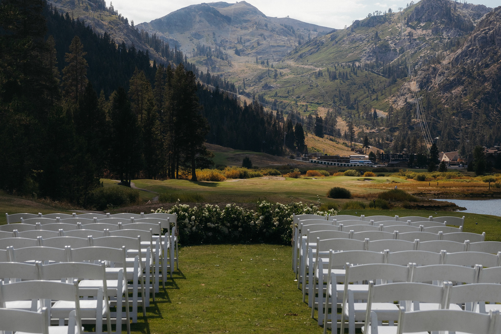An outdoor mountain wedding ceremony at Everline Resort in Olympic Valley.