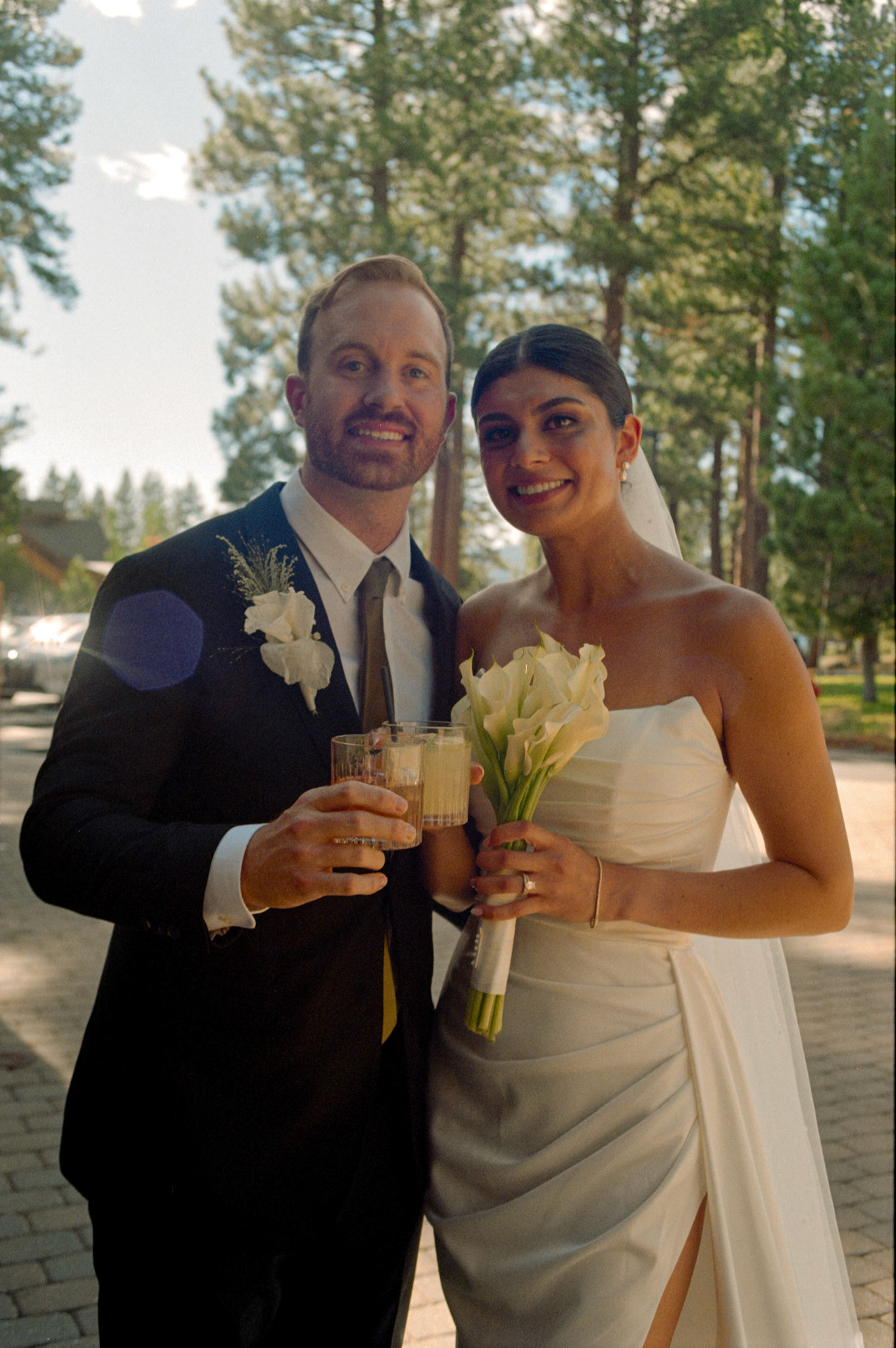 The newlyweds photographed on film among the towering pines and open fairways of Old Greenwood.