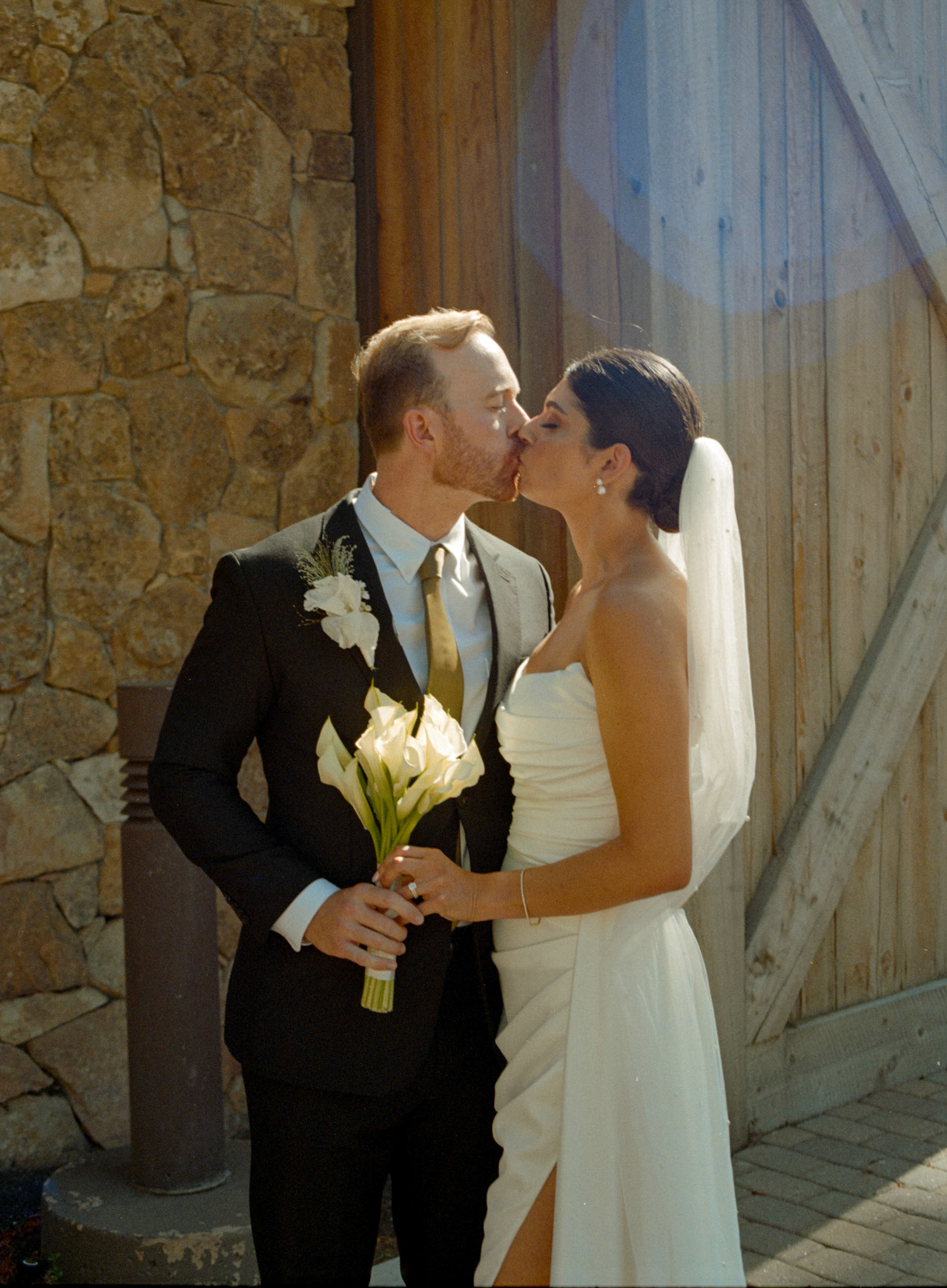 The newlyweds photographed on film among the towering pines and open fairways of Old Greenwood.