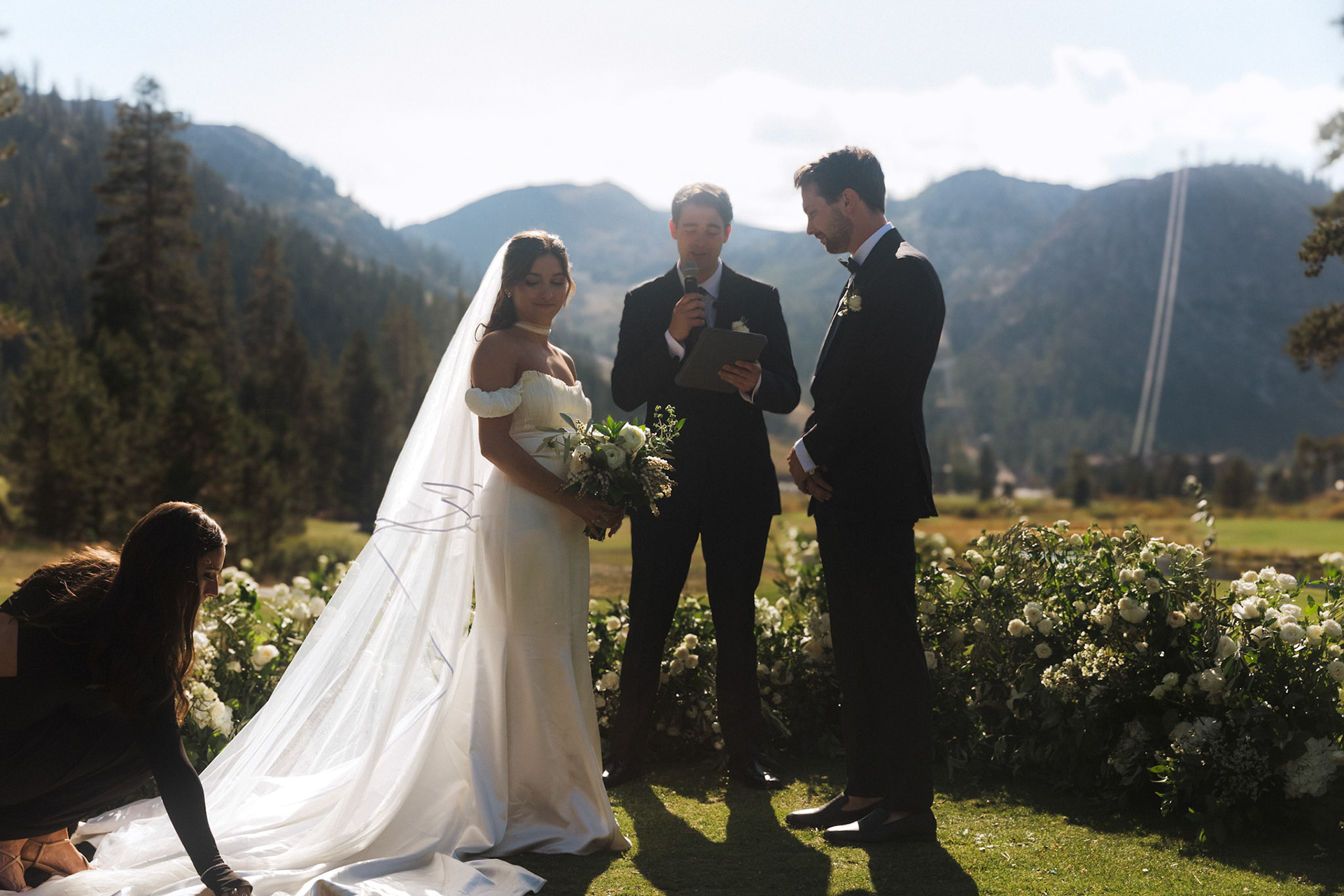 An outdoor mountain wedding ceremony at Everline Resort in Olympic Valley.