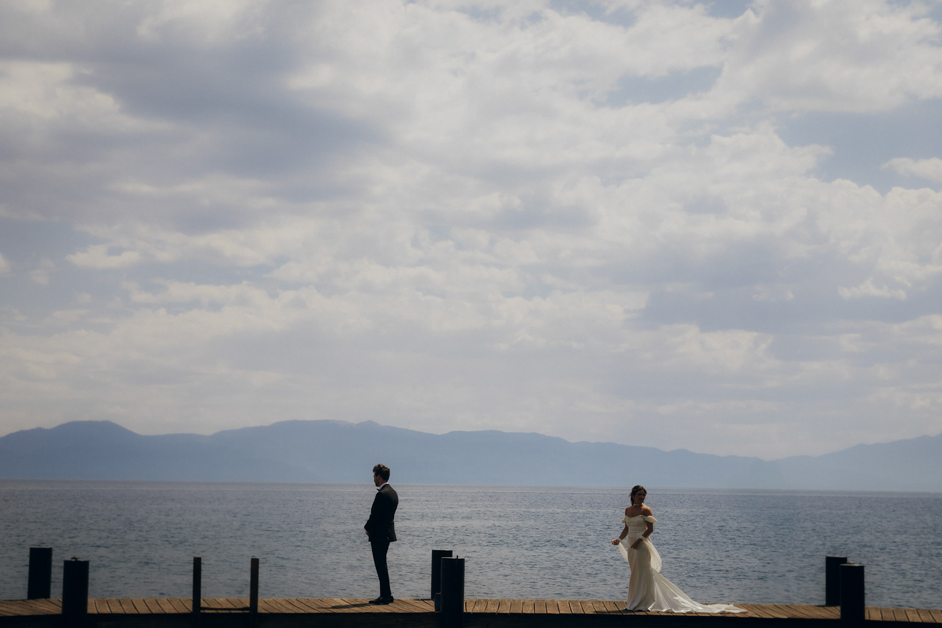Cami and Tyler’s first look on a private dock overlooking Lake Tahoe.