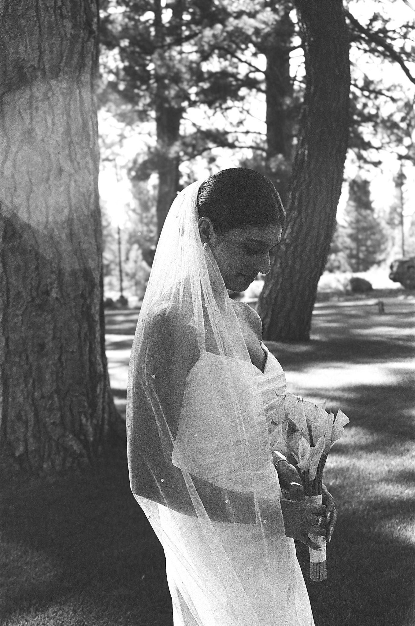 The newlyweds photographed on film among the towering pines and open fairways of Old Greenwood.