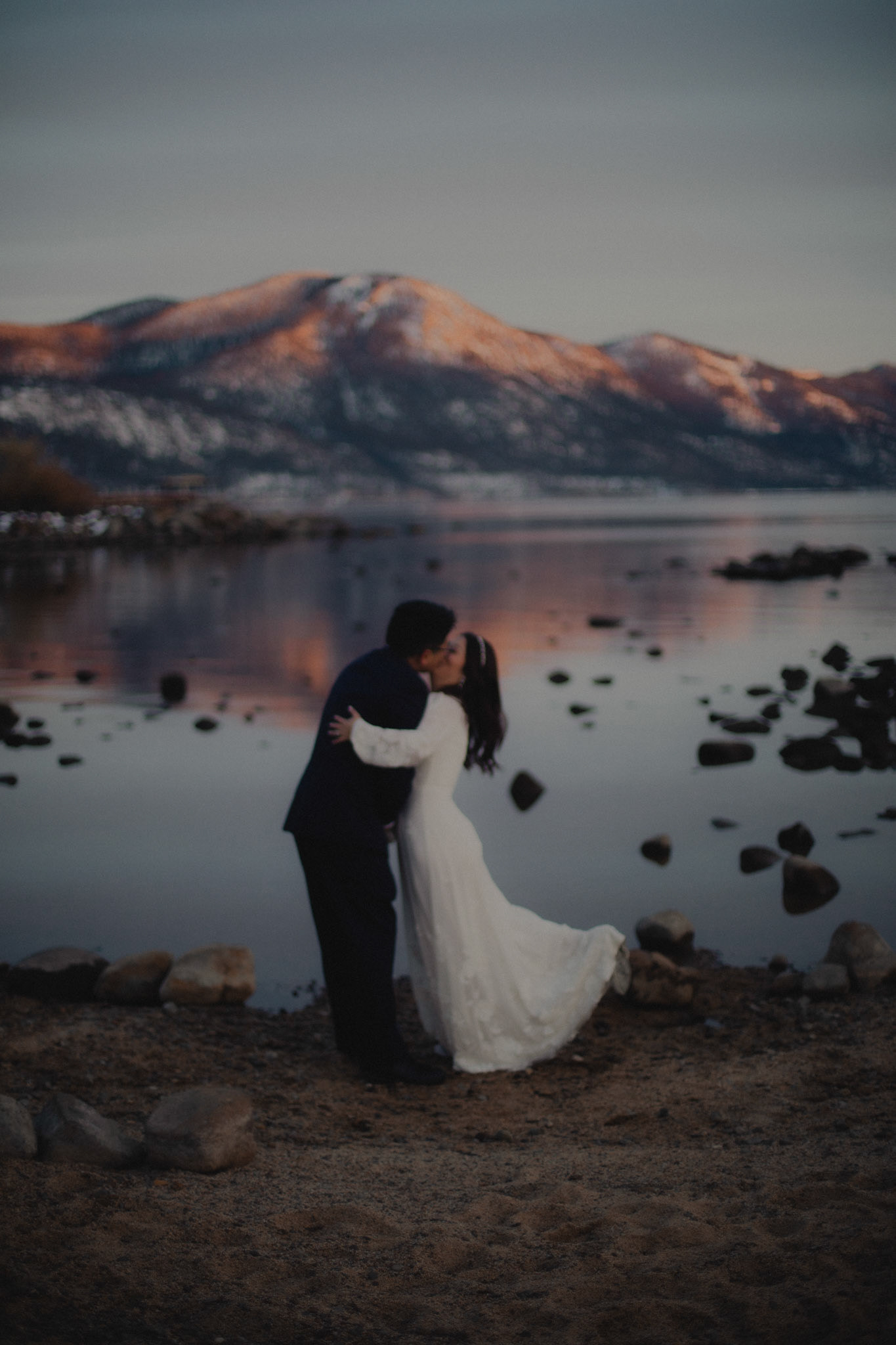 snowy lake tahoe elopement